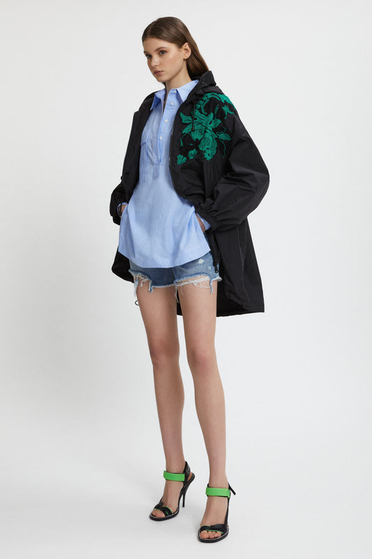 TAFFETA PARKA COAT WITH BICOLOR EMBROIDERY