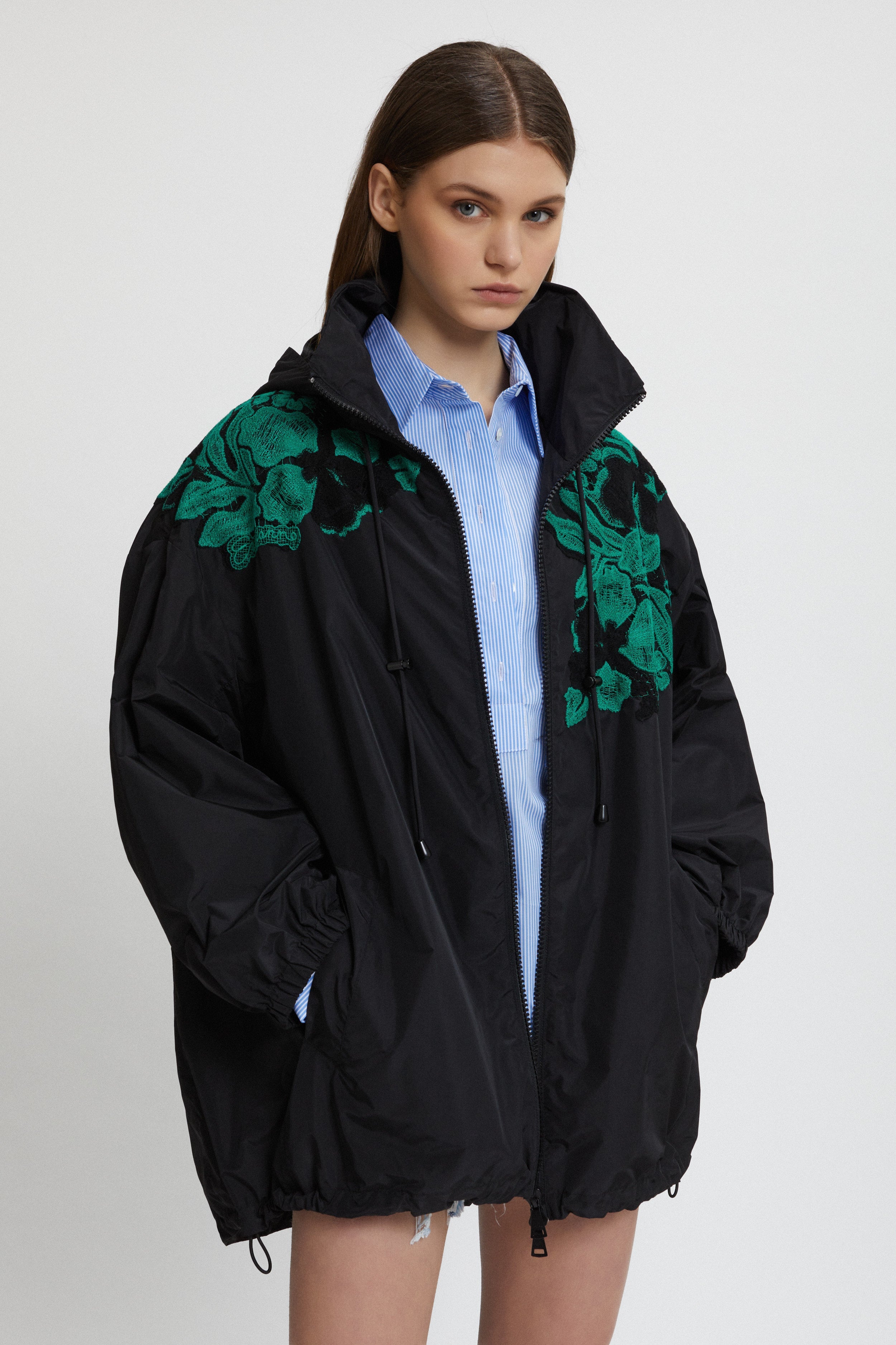 TAFFETA PARKA COAT WITH BICOLOR EMBROIDERY