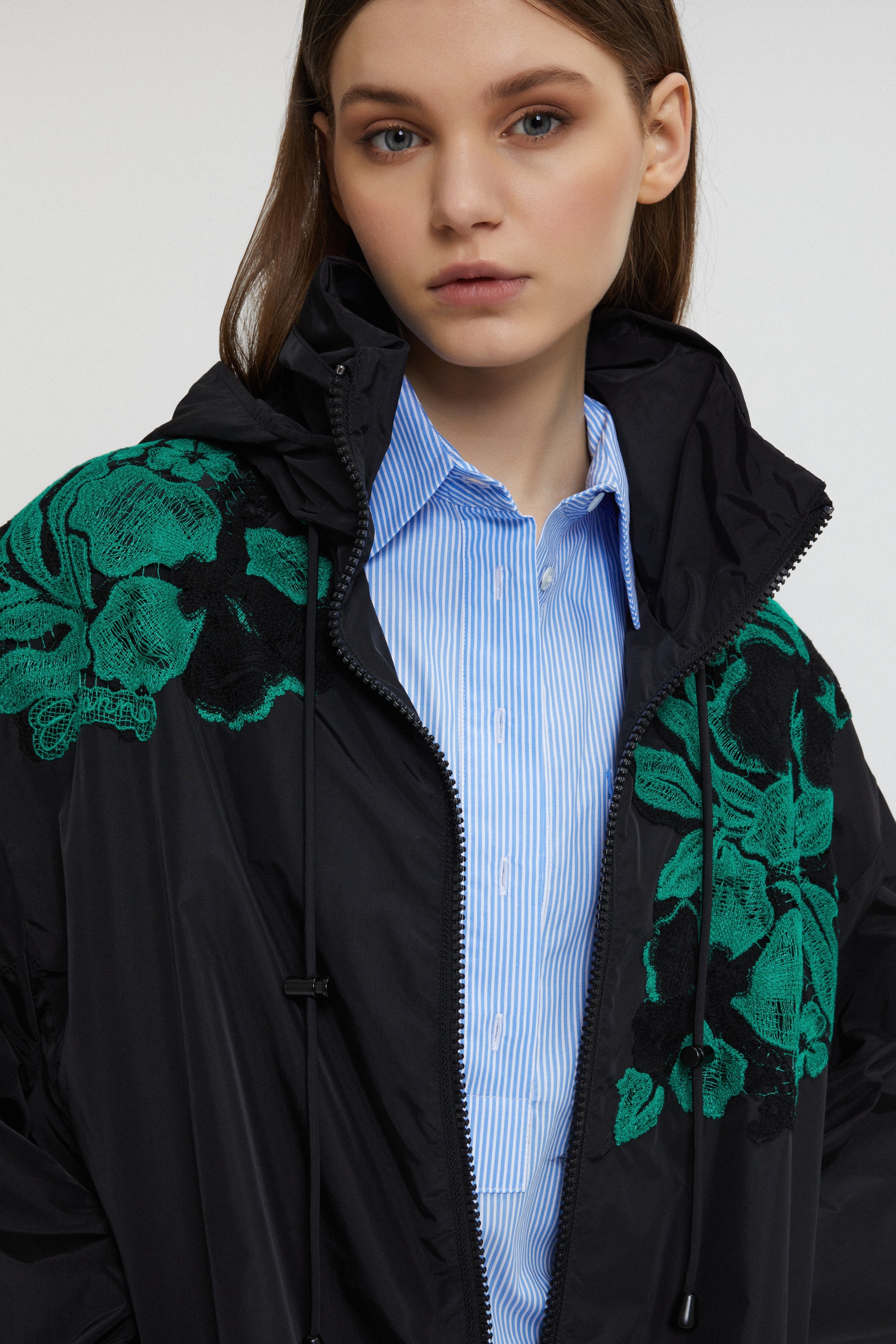 Image of TAFFETA PARKA COAT WITH BICOLOR EMBROIDERY