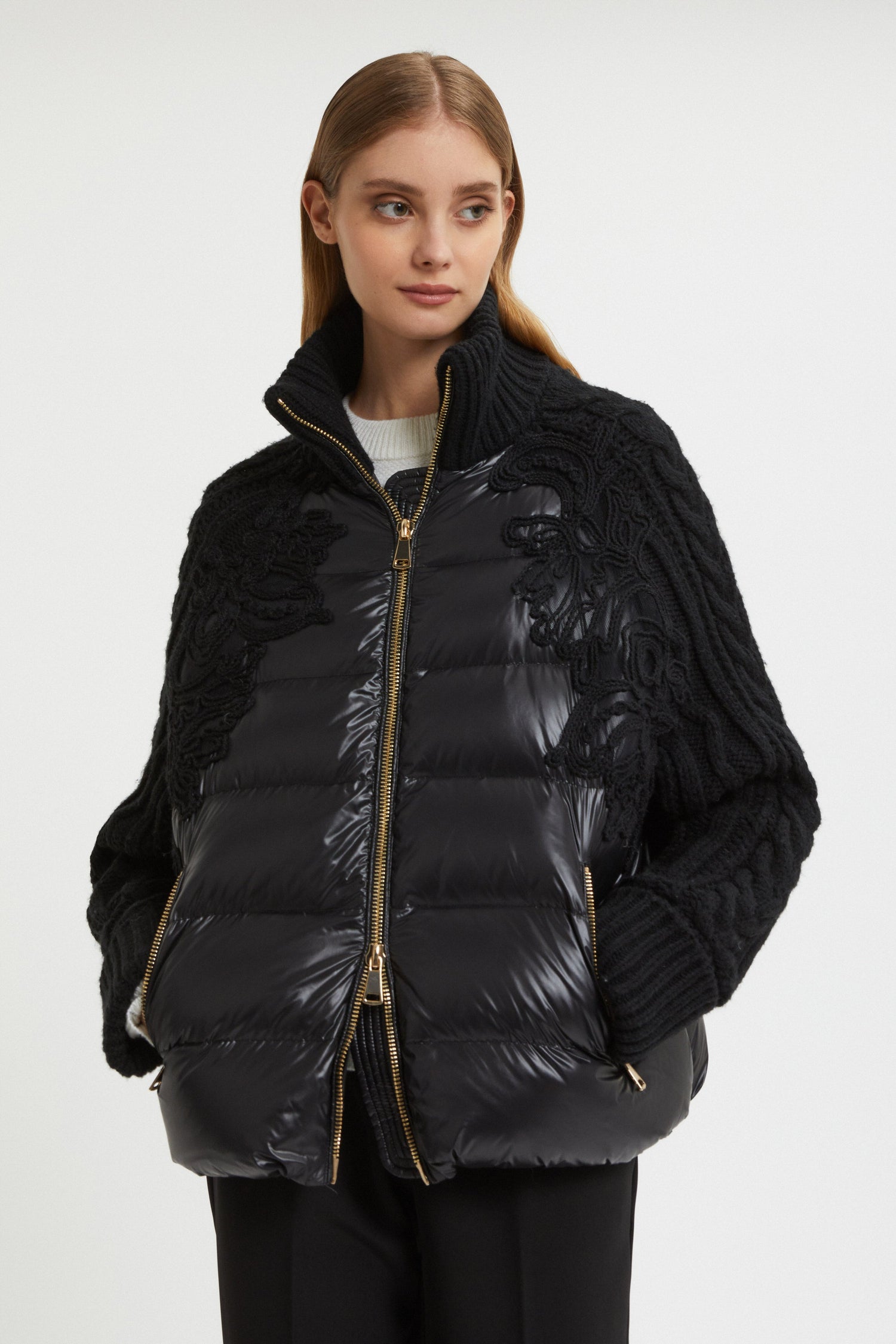 DOWN JACKET WITH KNITTED SLEEVES