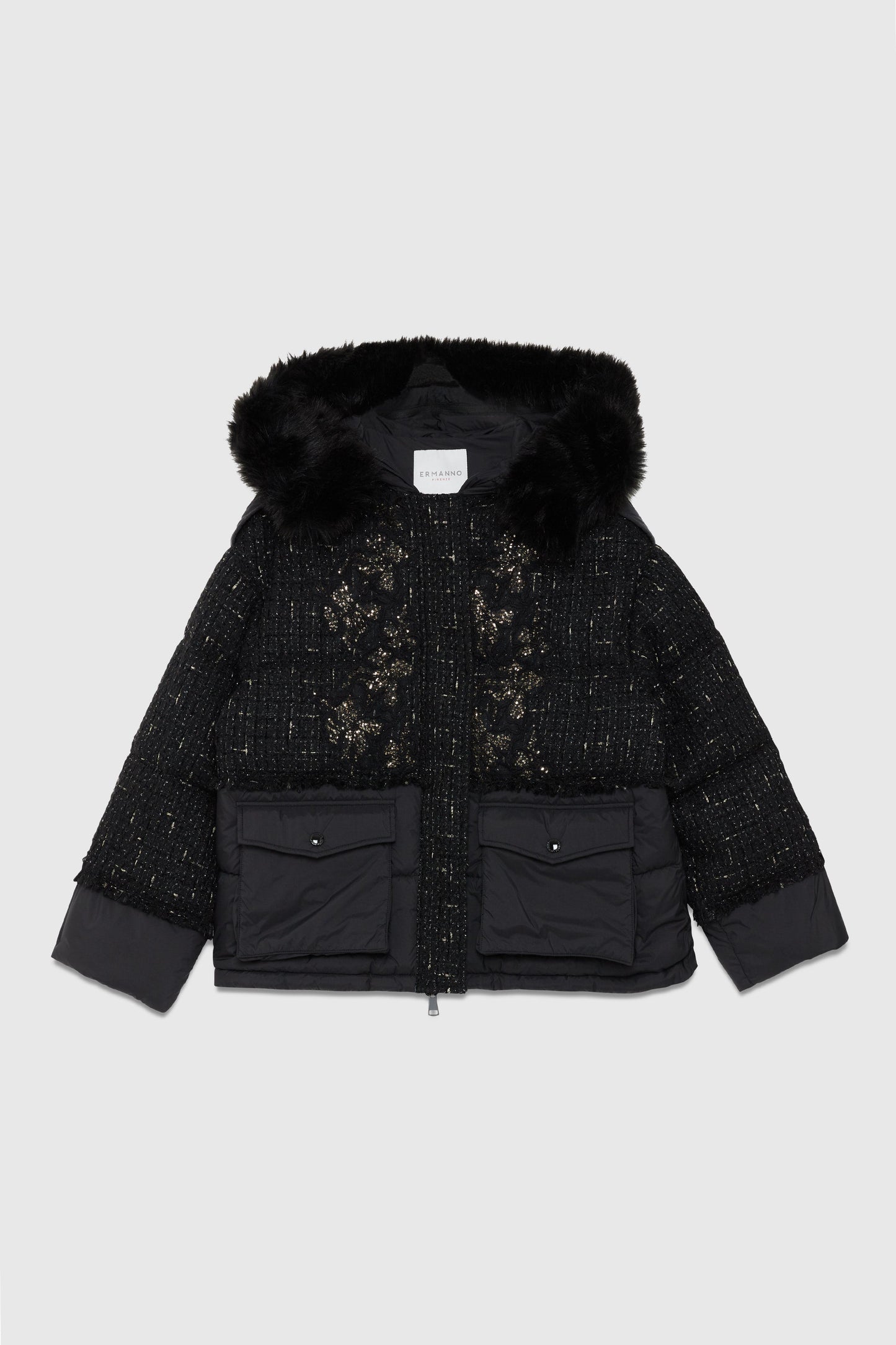 BLOUSON EN NYLON ET TWEED AVEC BRODERIE