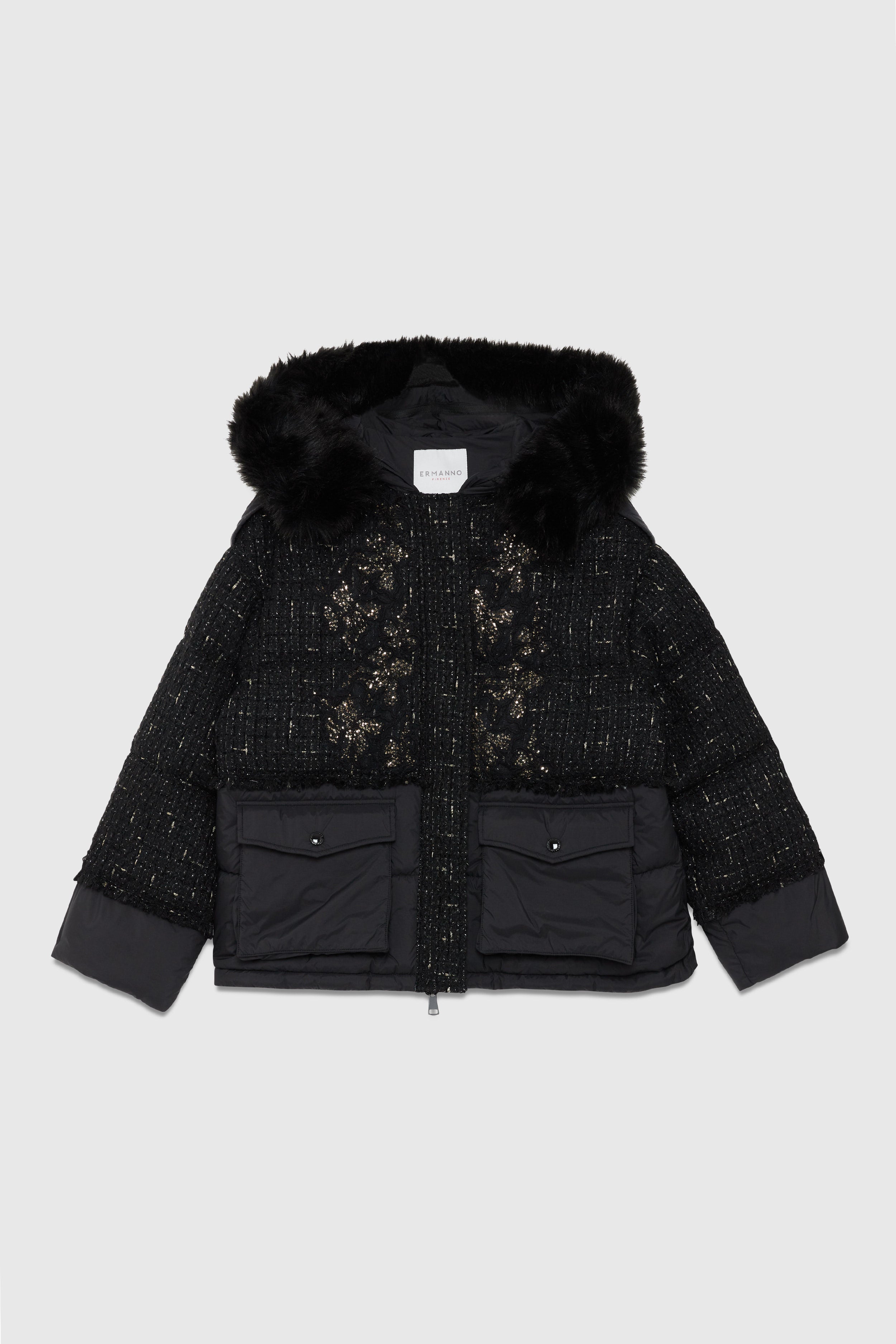 PADDED JACKET WITH BOUCLE' FABRIC INSERT