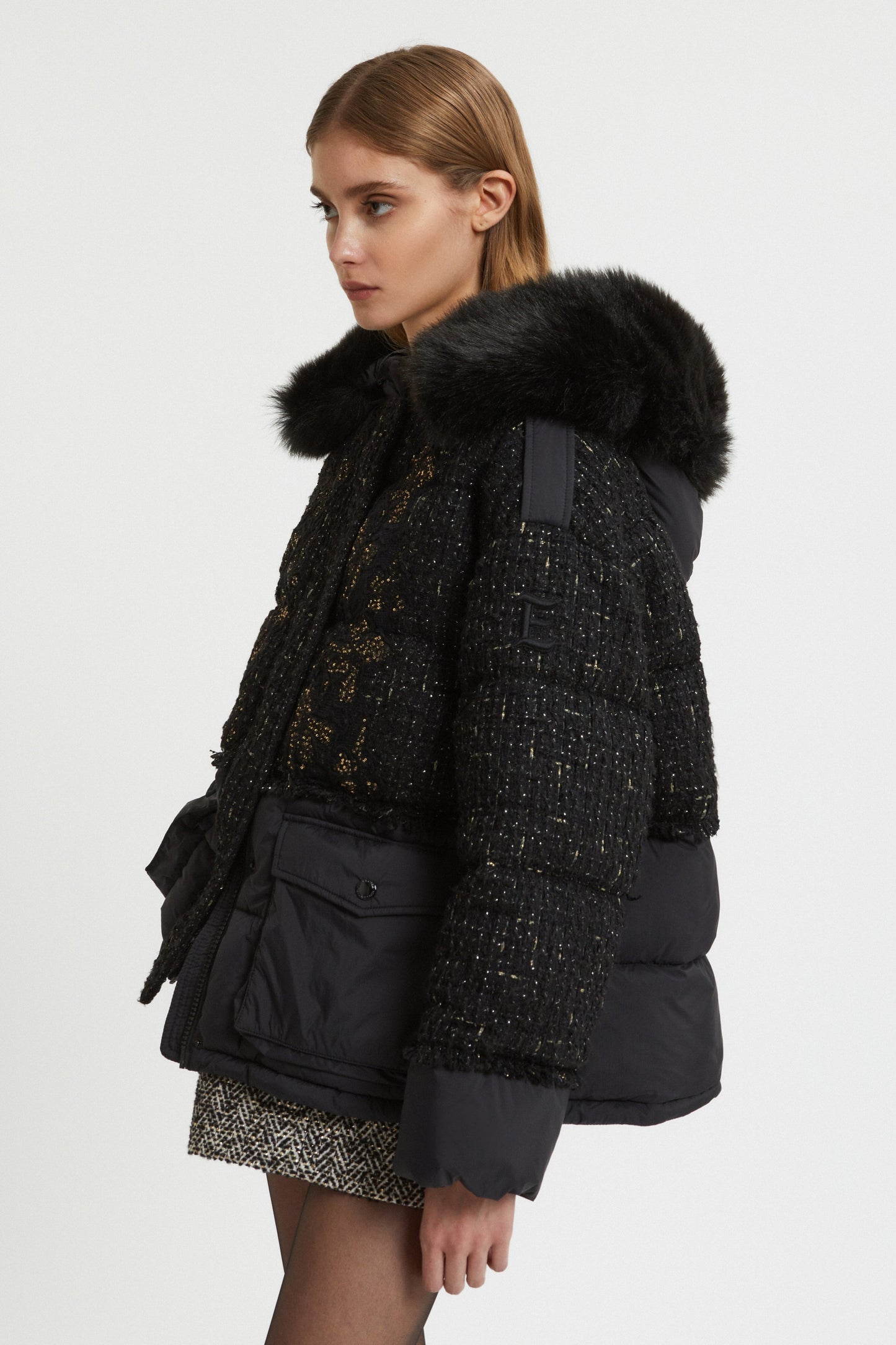 PADDED JACKET WITH BOUCLE' FABRIC INSERT