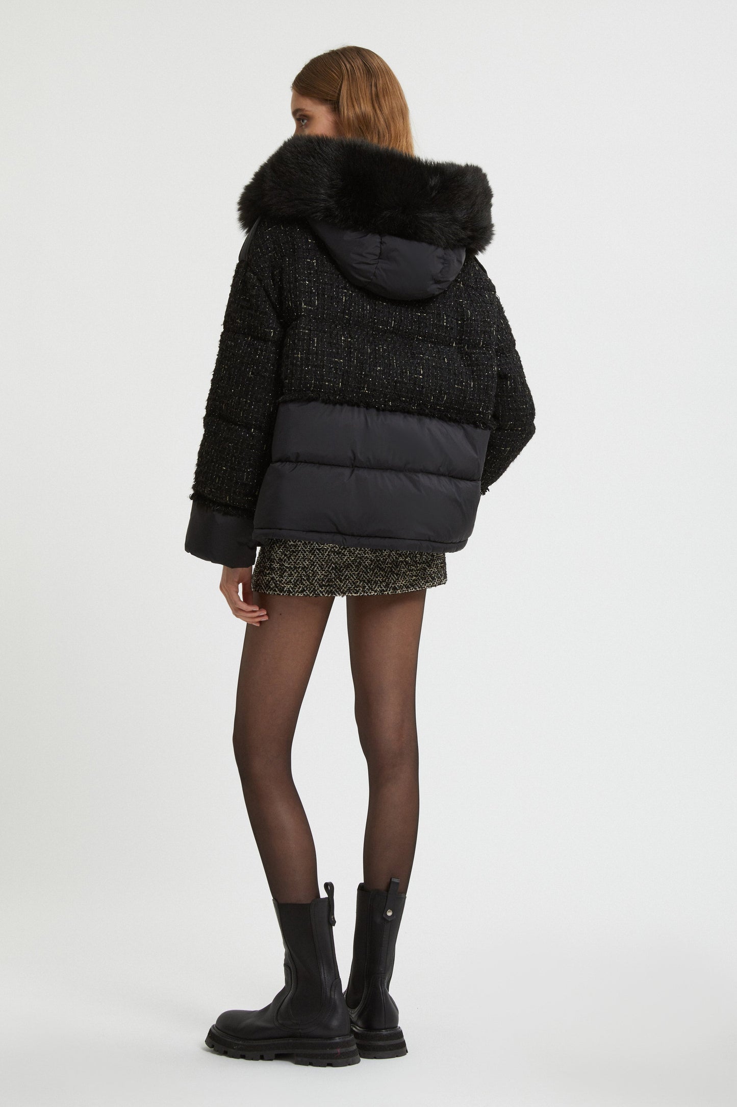 PADDED JACKET WITH BOUCLE' FABRIC INSERT