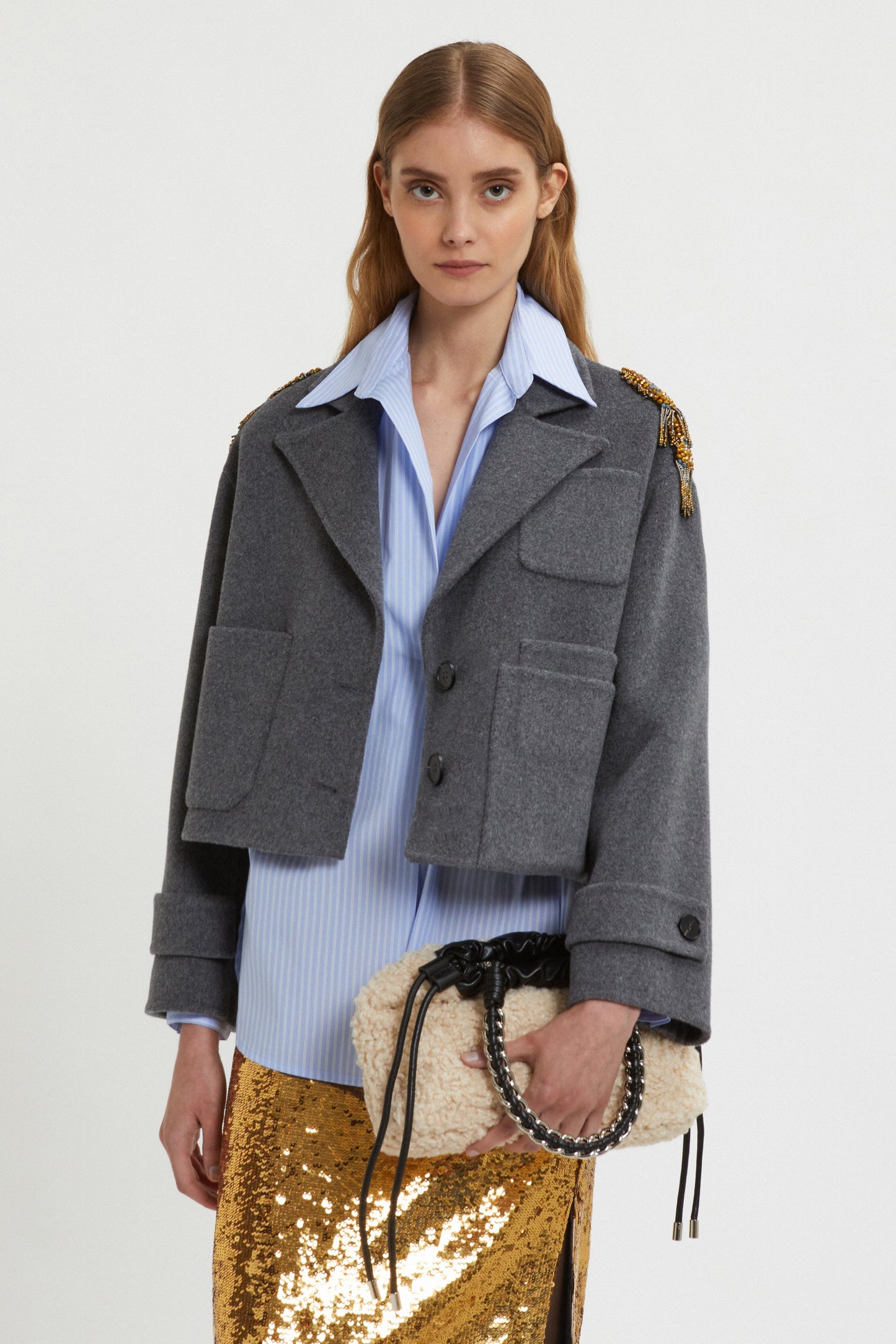 DOUBLE FABRIC JACKET WITH SHOULDER APPLICATION