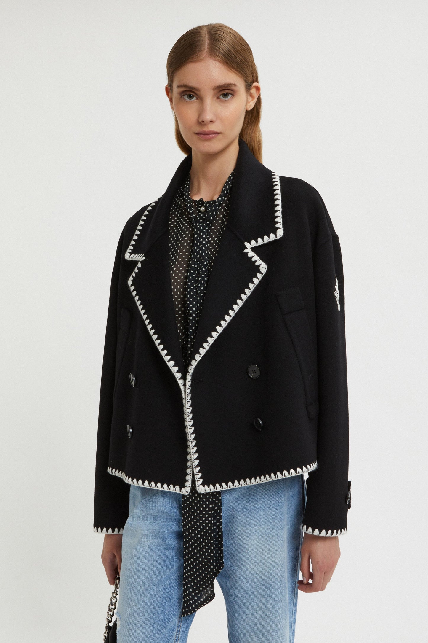 DOUBLE-BREASTED JACKET WITH EMBROIDERED TRIM