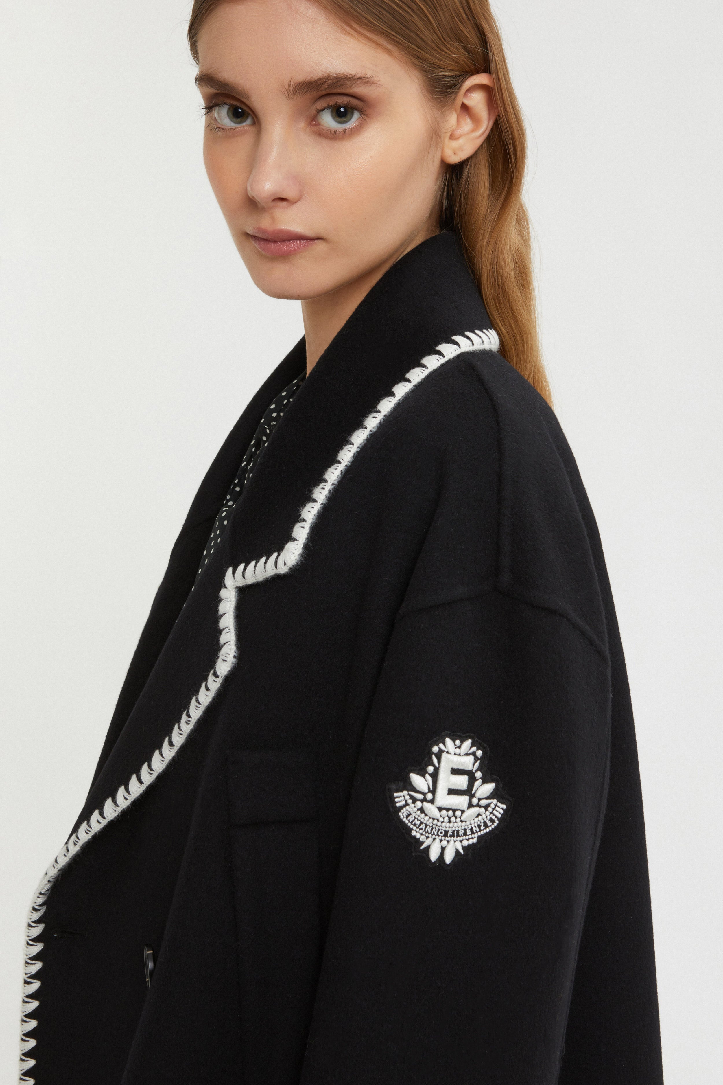Image of DOUBLE-BREASTED JACKET WITH EMBROIDERED TRIM
