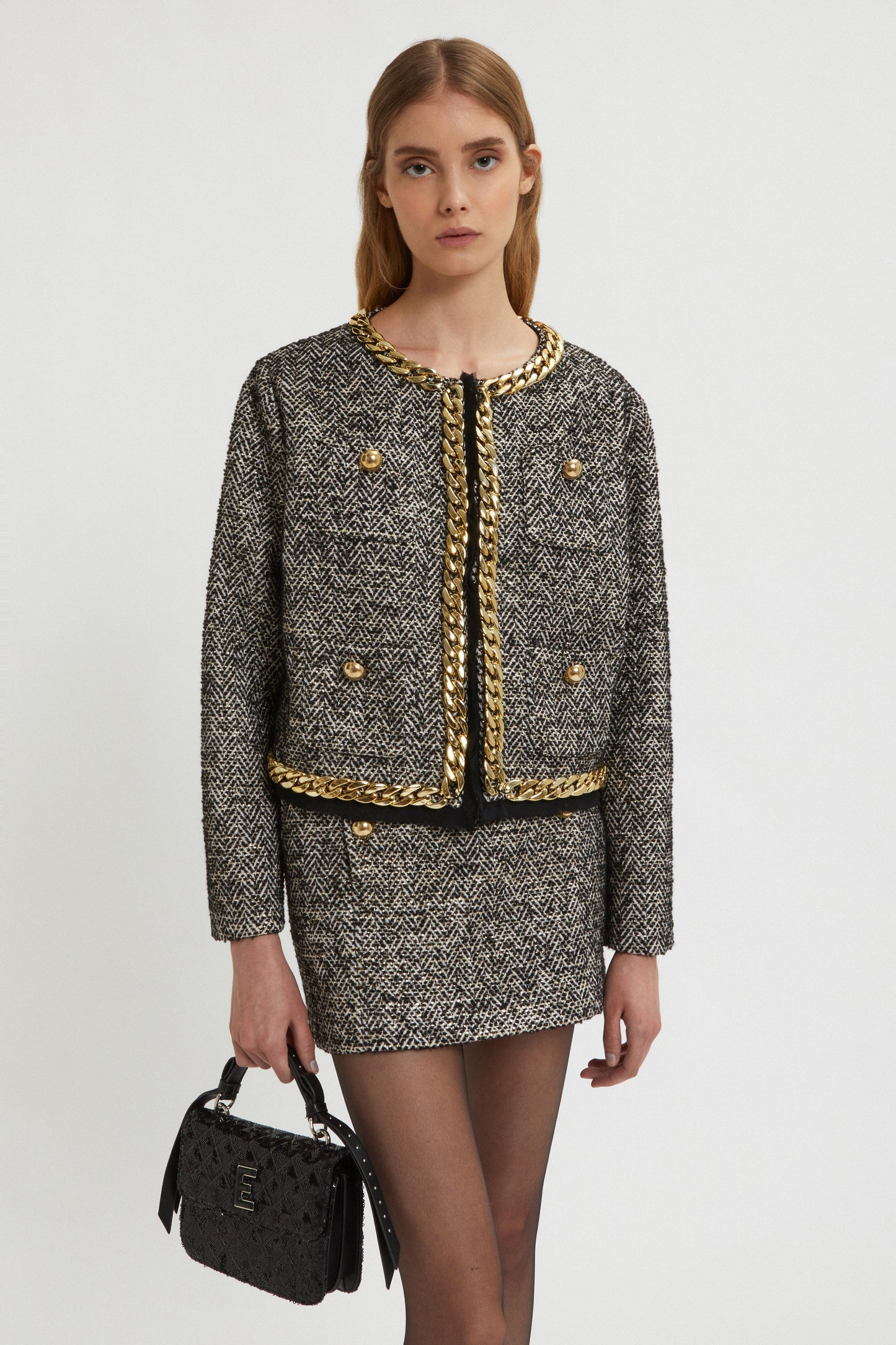 HERRINGBONE JACKET WITH GOLD CHAIN