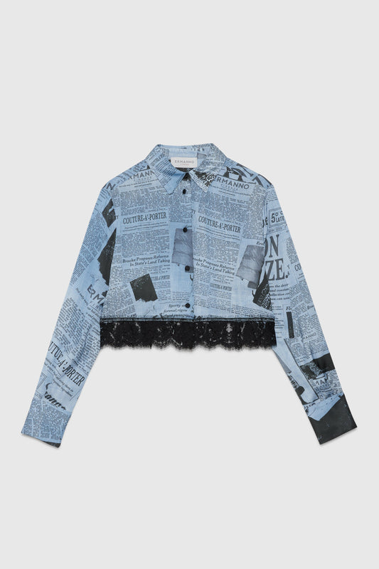 CAMICIA CROP STAMPA DENIM CON PIZZO AL FONDO