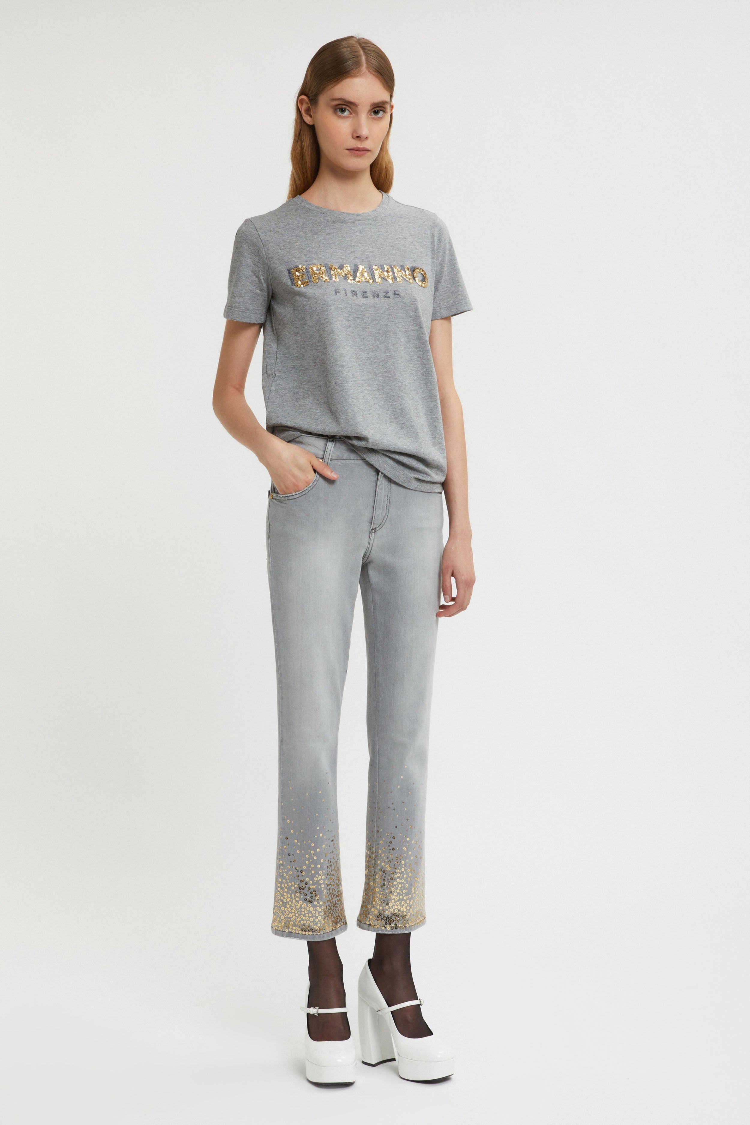 5 TASCHE CROP IN DENIM GRIGIO CON PAILLETTES