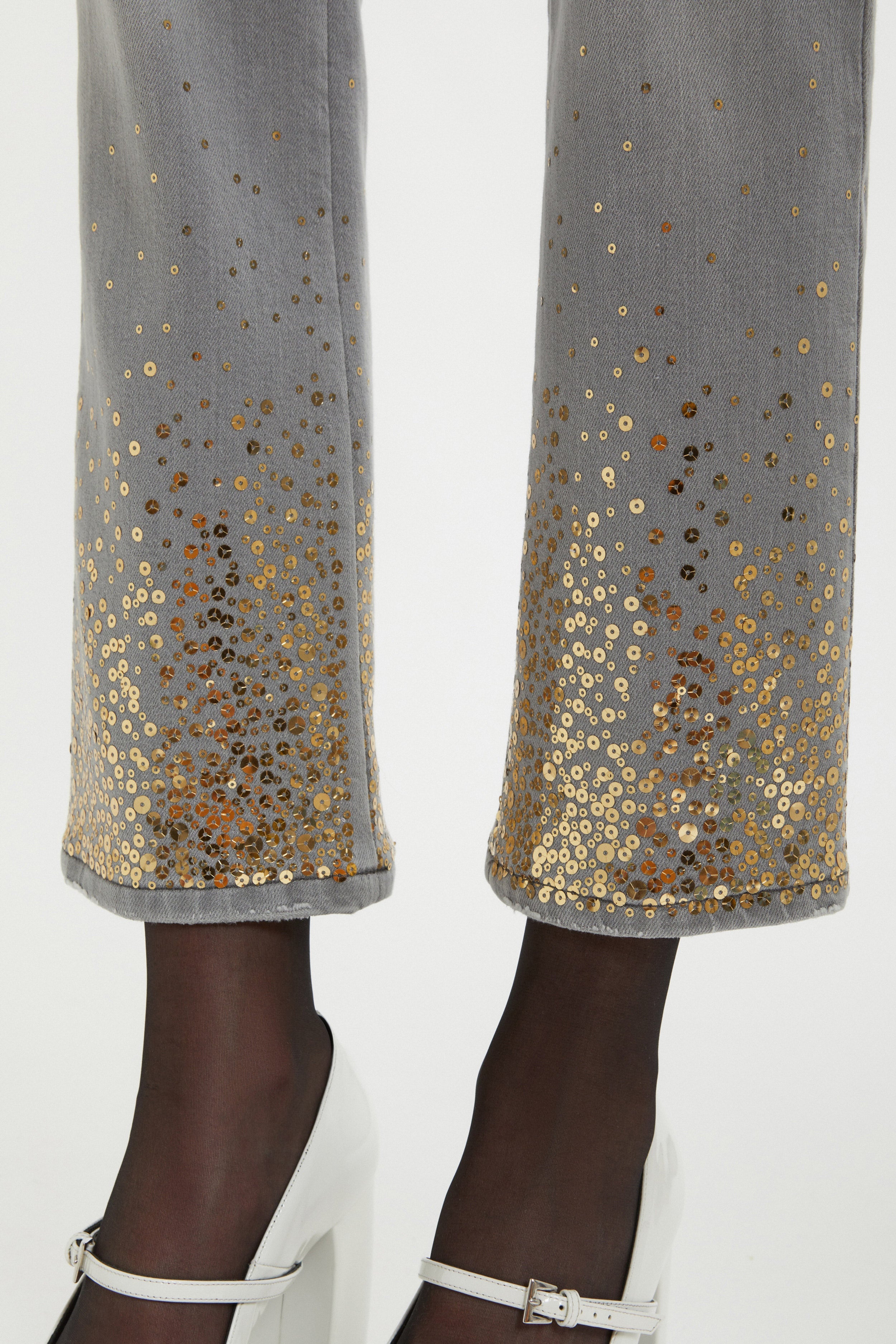 5 TASCHE CROP IN DENIM GRIGIO CON PAILLETTES