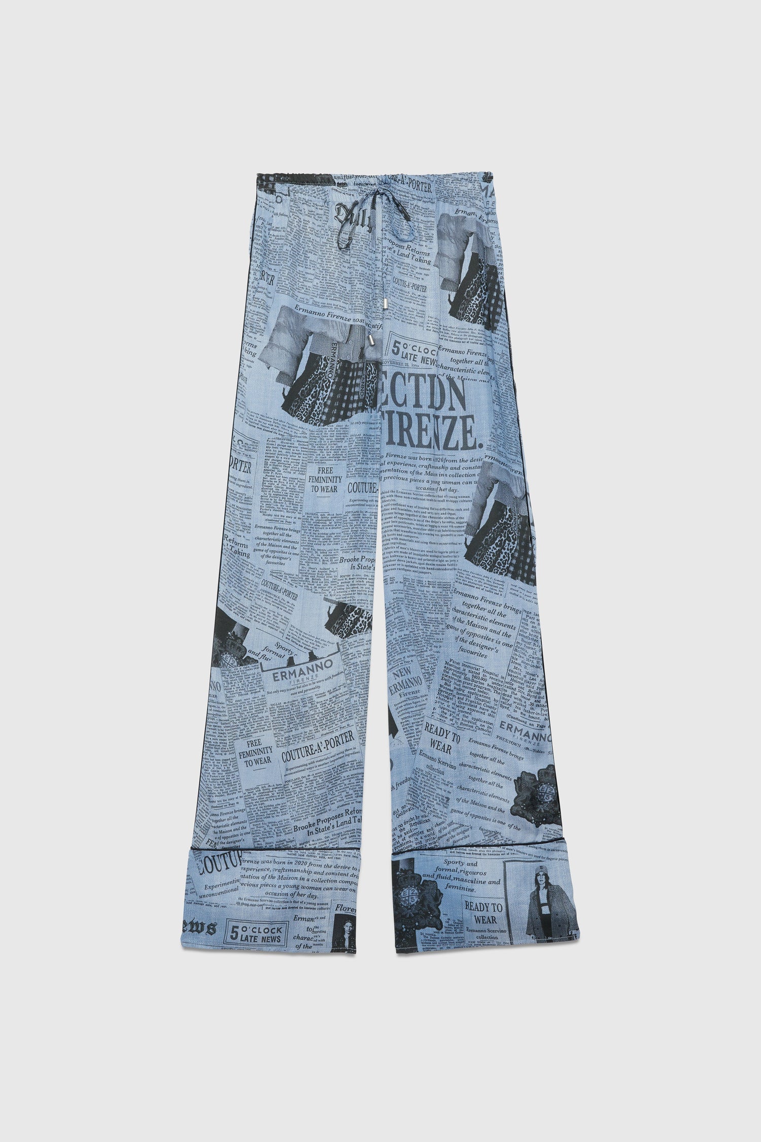 NEWSPAPER PRINTED SATIN PANTS