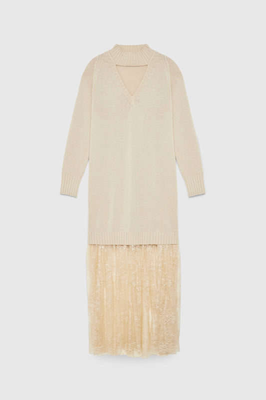 KNITTED DRESS WITH LACE BOTTOM FRILL
