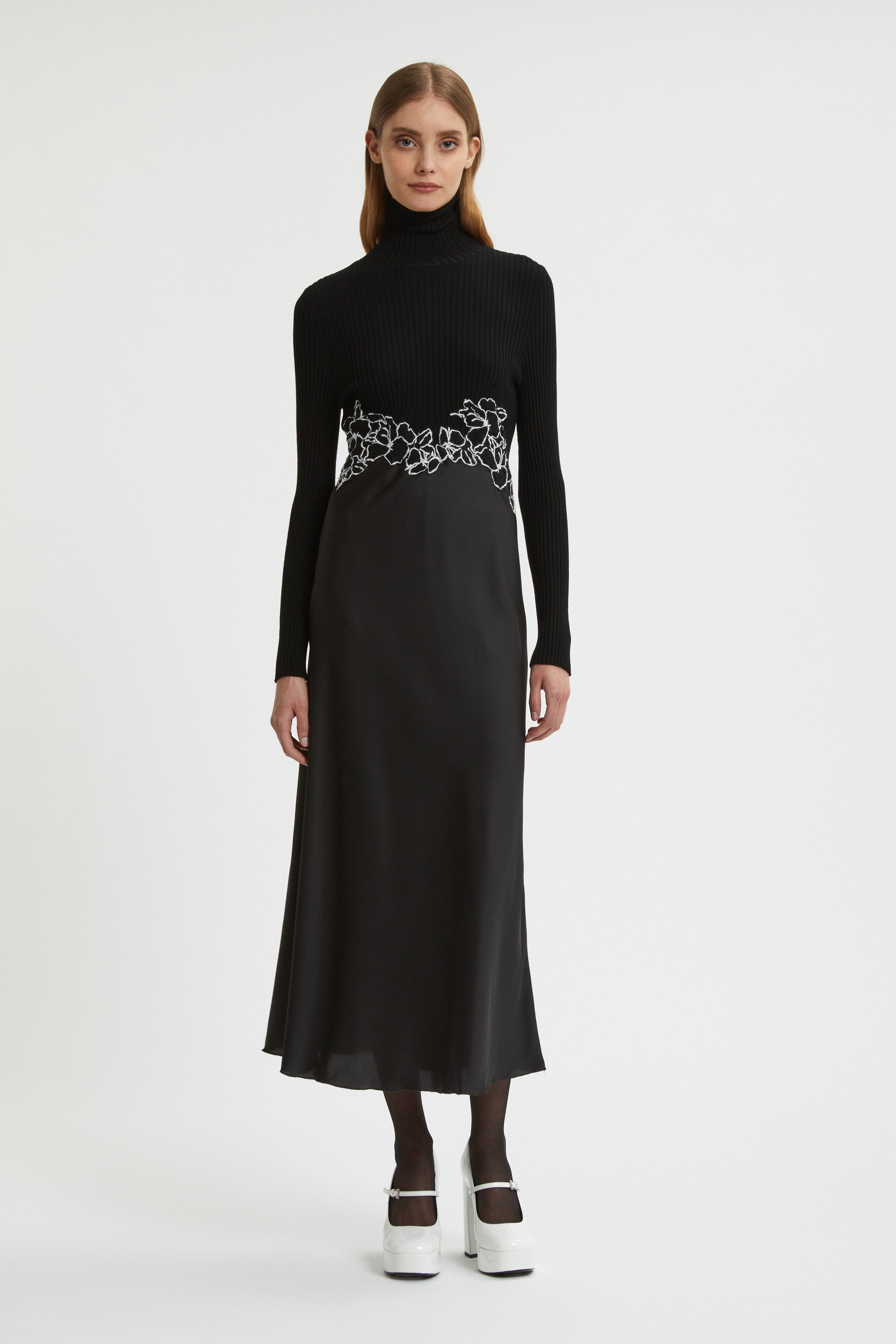 TURTLE NECK DRESS WITH SATIN SKIRT AND EMBROIDERY