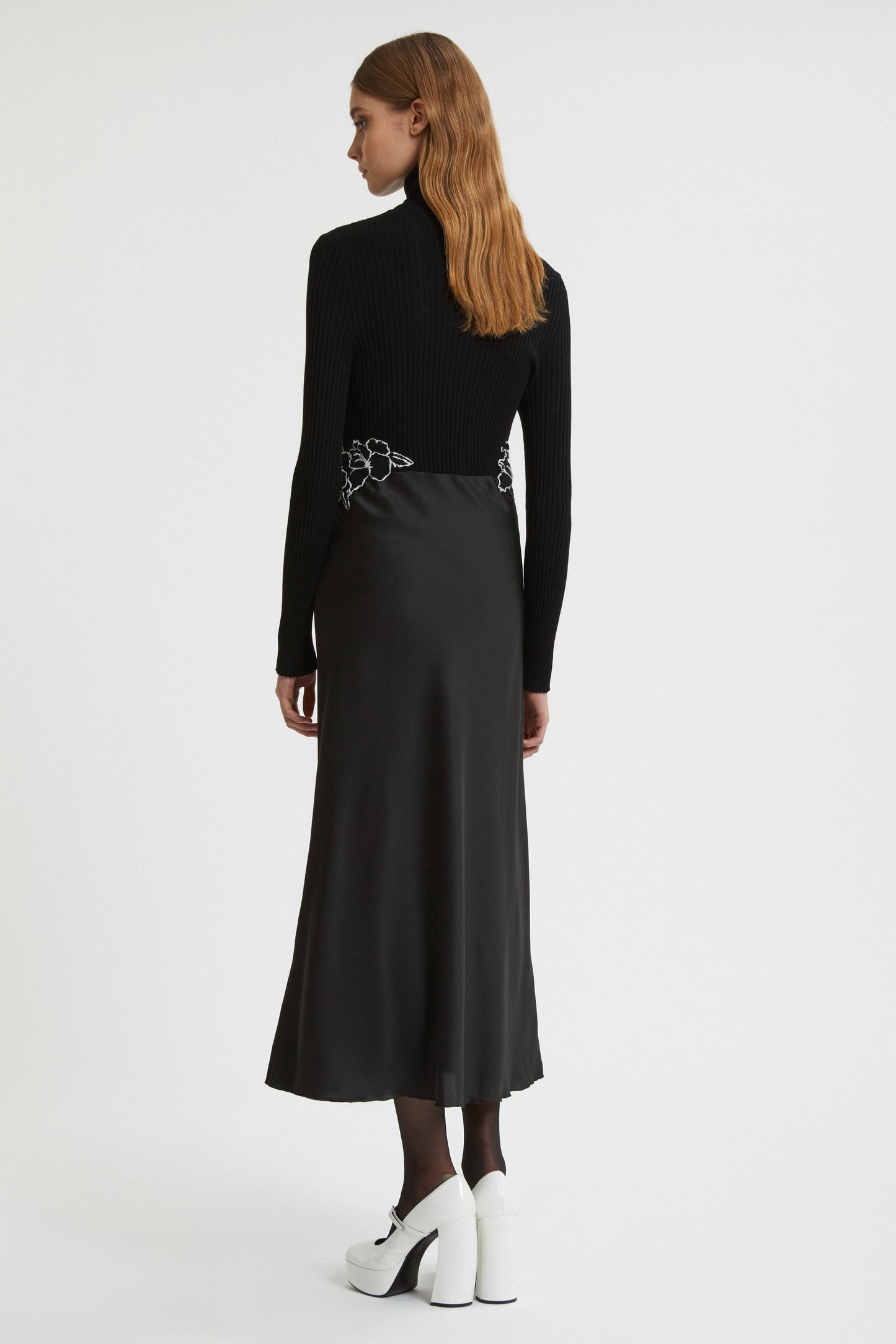 TURTLE NECK DRESS WITH SATIN SKIRT AND EMBROIDERY