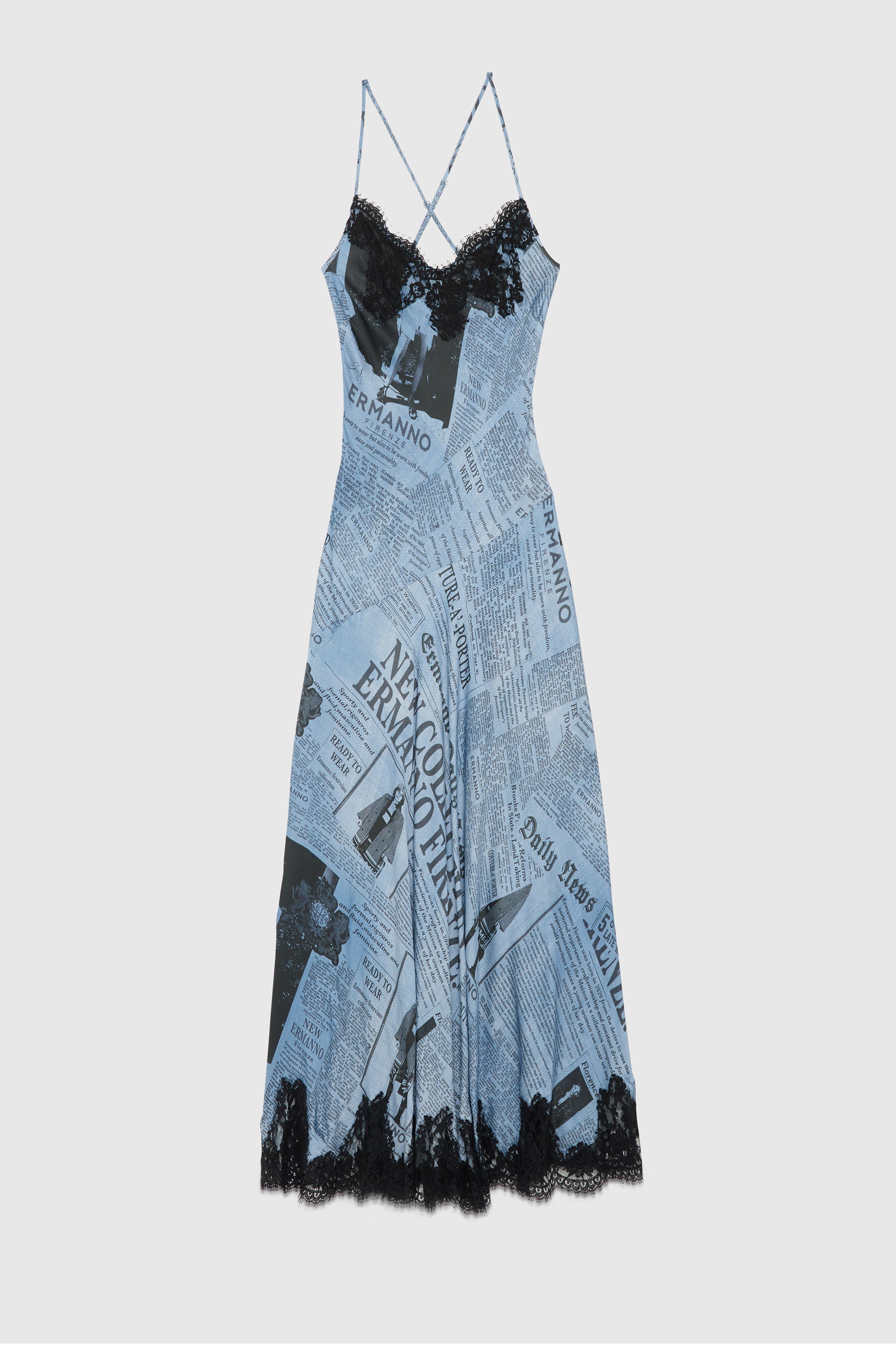 NEWSPAPER PRINTED SLIP DRESS WITH LACE