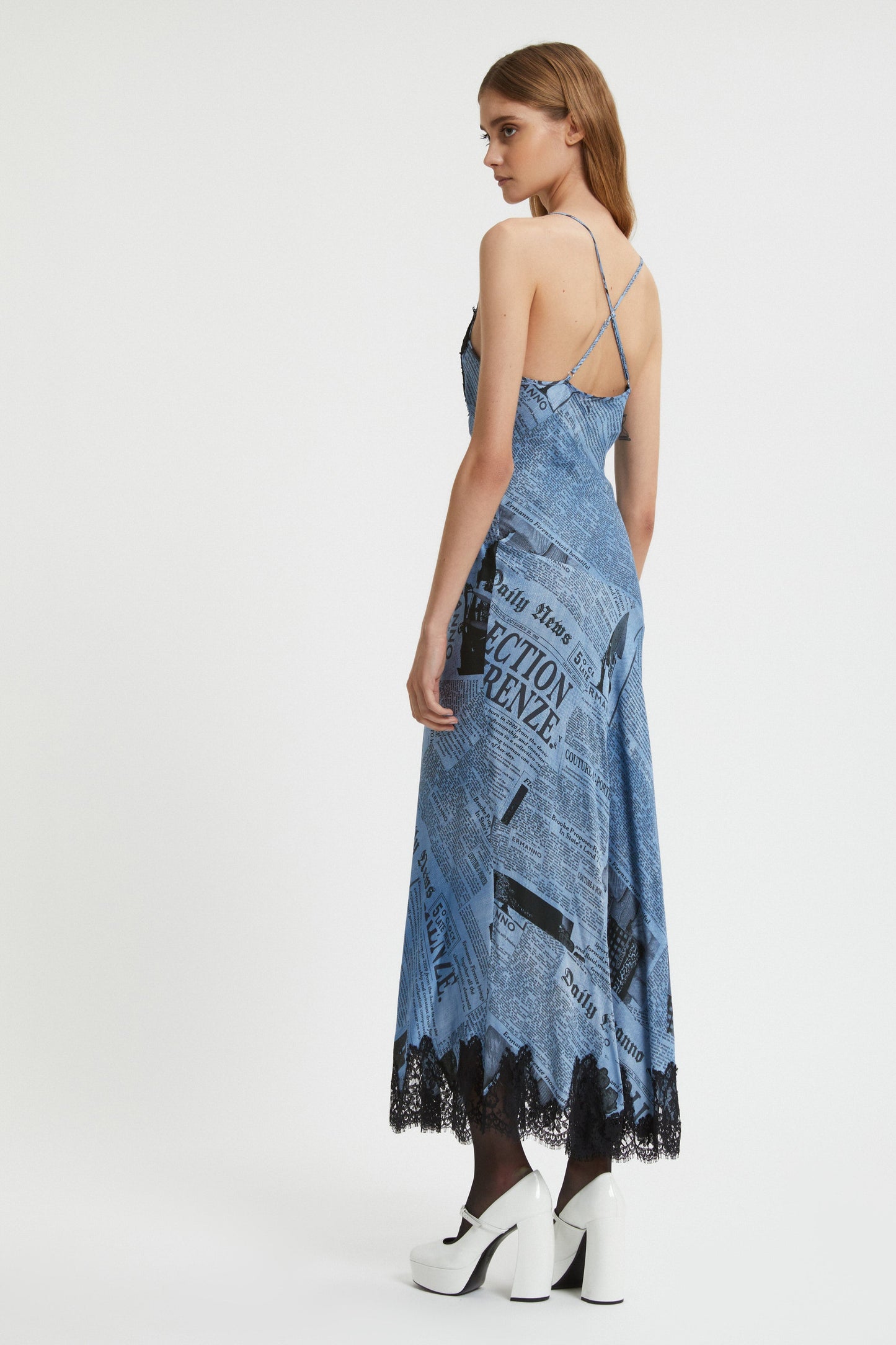 NEWSPAPER PRINTED SLIP DRESS WITH LACE