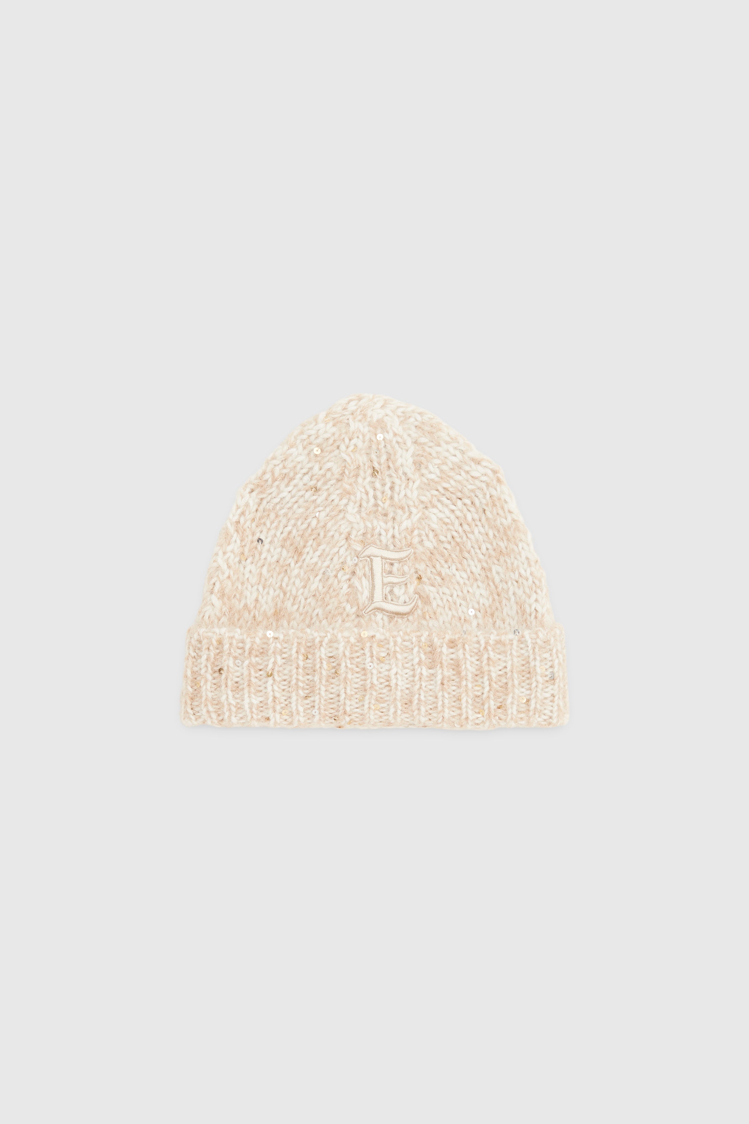 KNITTED HAT WITH PAILLETTES AND LOGO