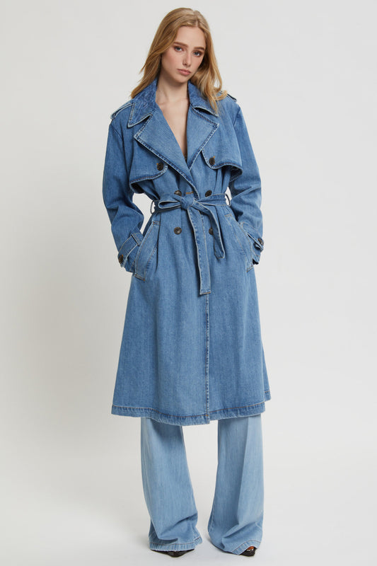 TRENCH LUNGO IN DENIM CON RICAMI