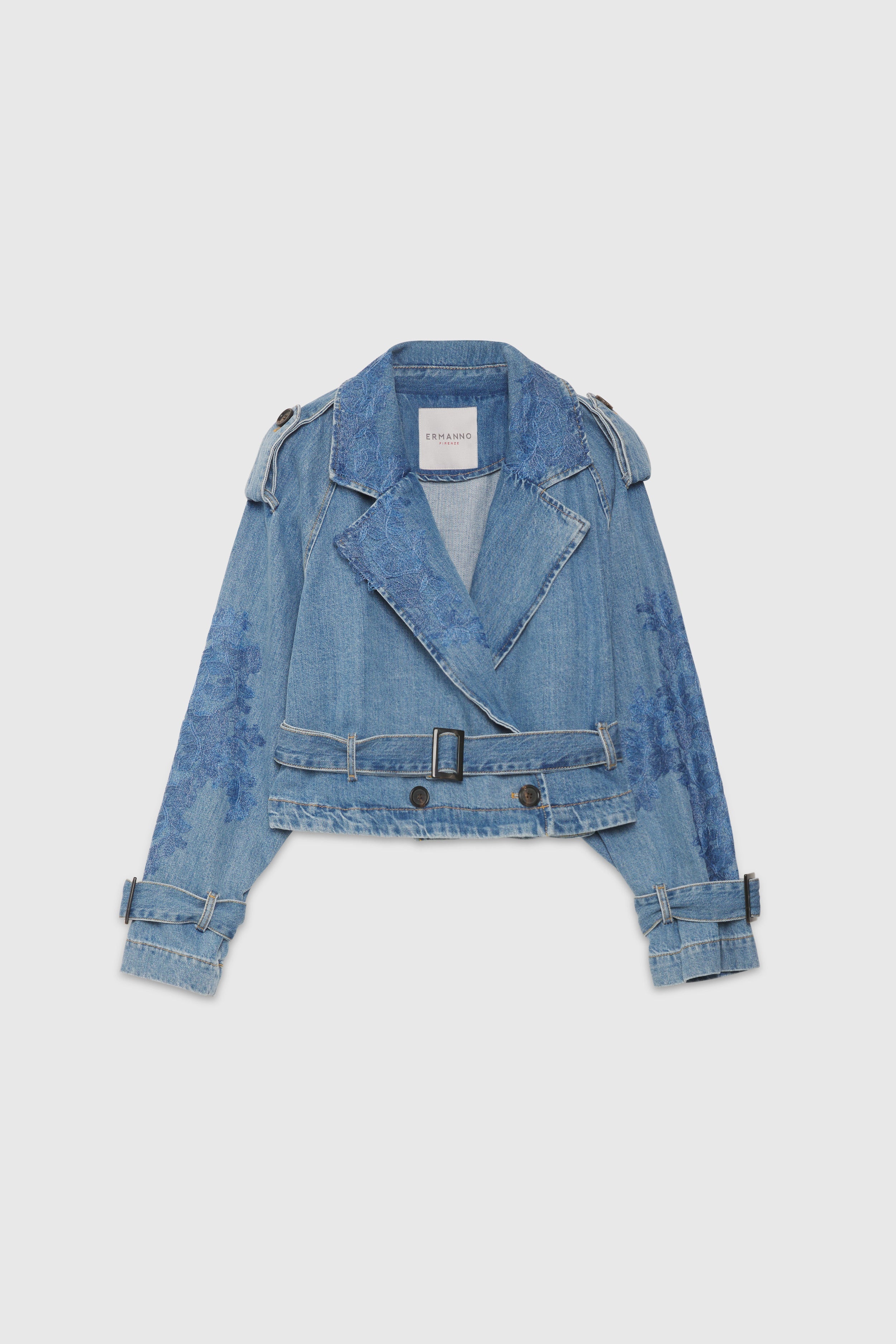 TRENCH CORTO IN DENIM CON RICAMI