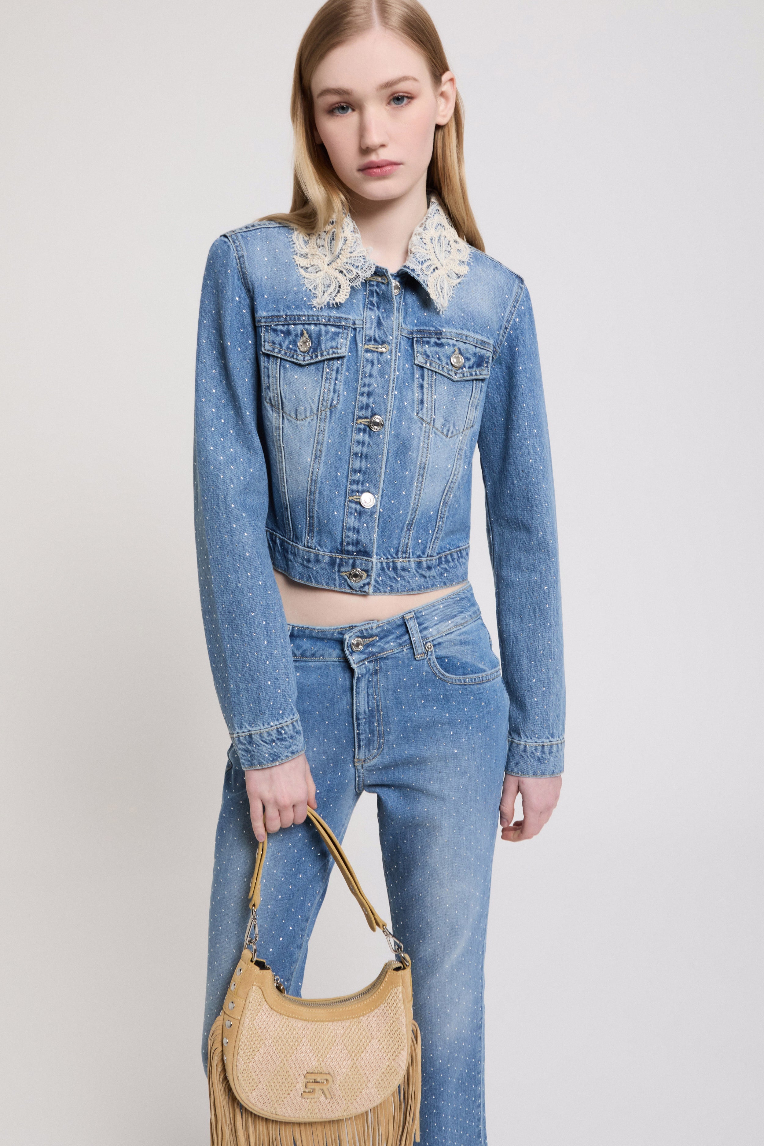 DENIM JACKET WITH RHINESTONES AND LACE ON THE COLLAR