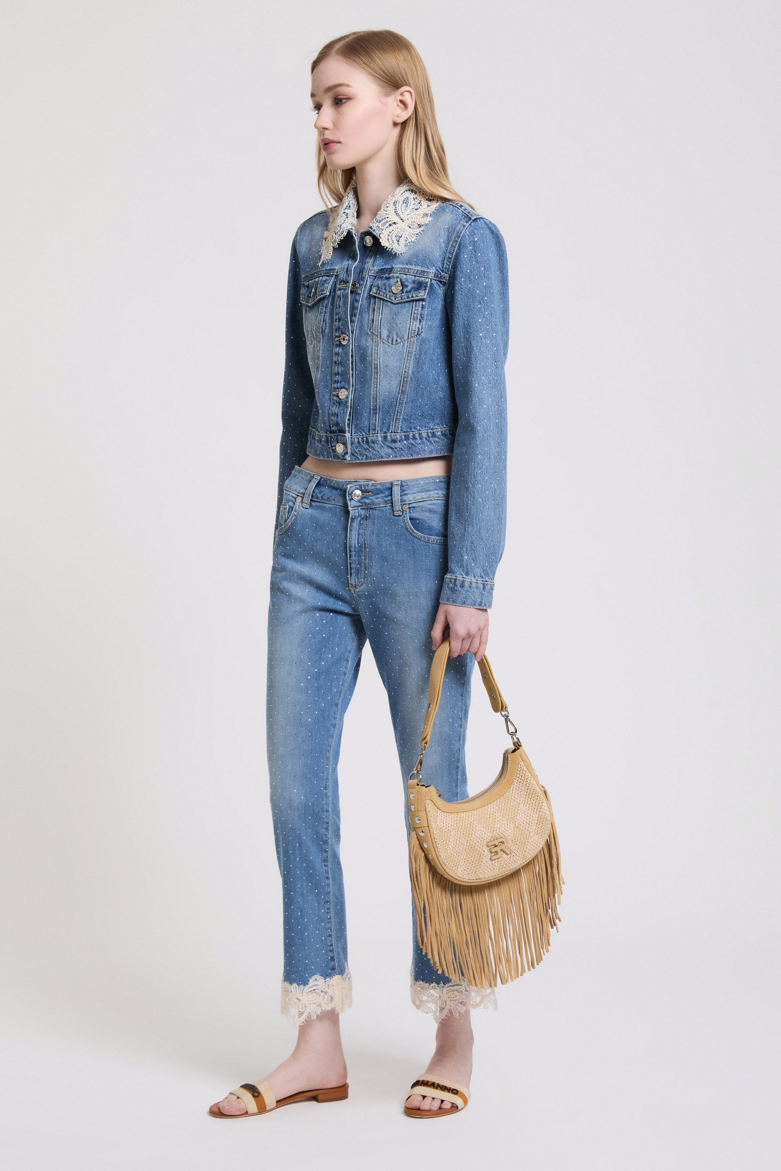 DENIM JACKET WITH RHINESTONES AND LACE ON THE COLLAR