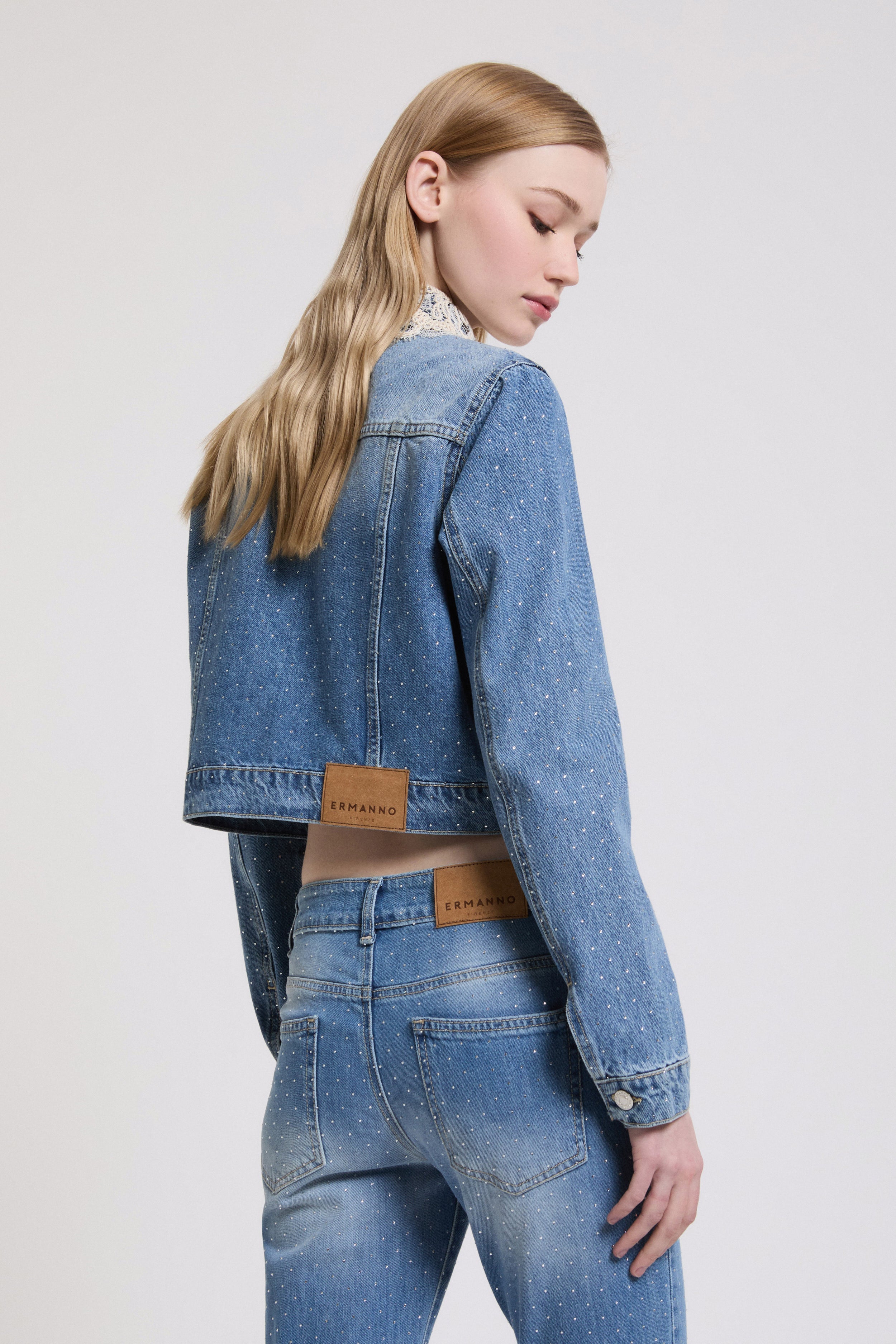 DENIM JACKET WITH RHINESTONES AND LACE ON THE COLLAR