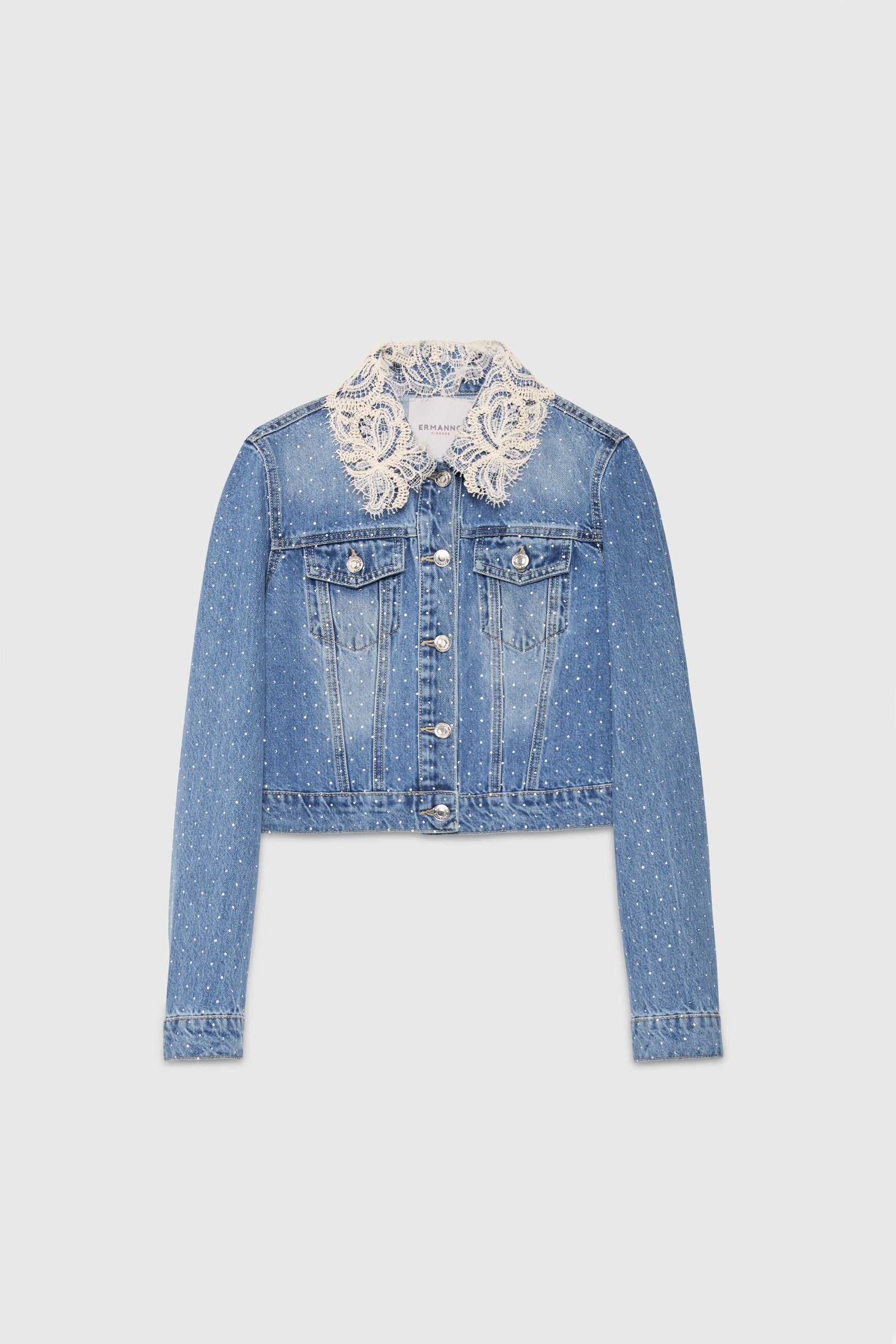 DENIM JACKET WITH RHINESTONES AND LACE ON THE COLLAR