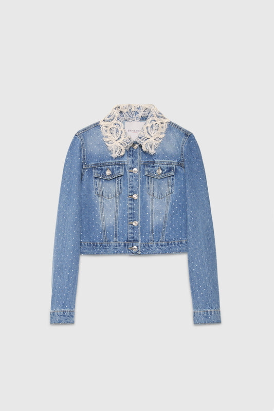 DENIM JACKET WITH RHINESTONES AND LACE ON THE COLLAR