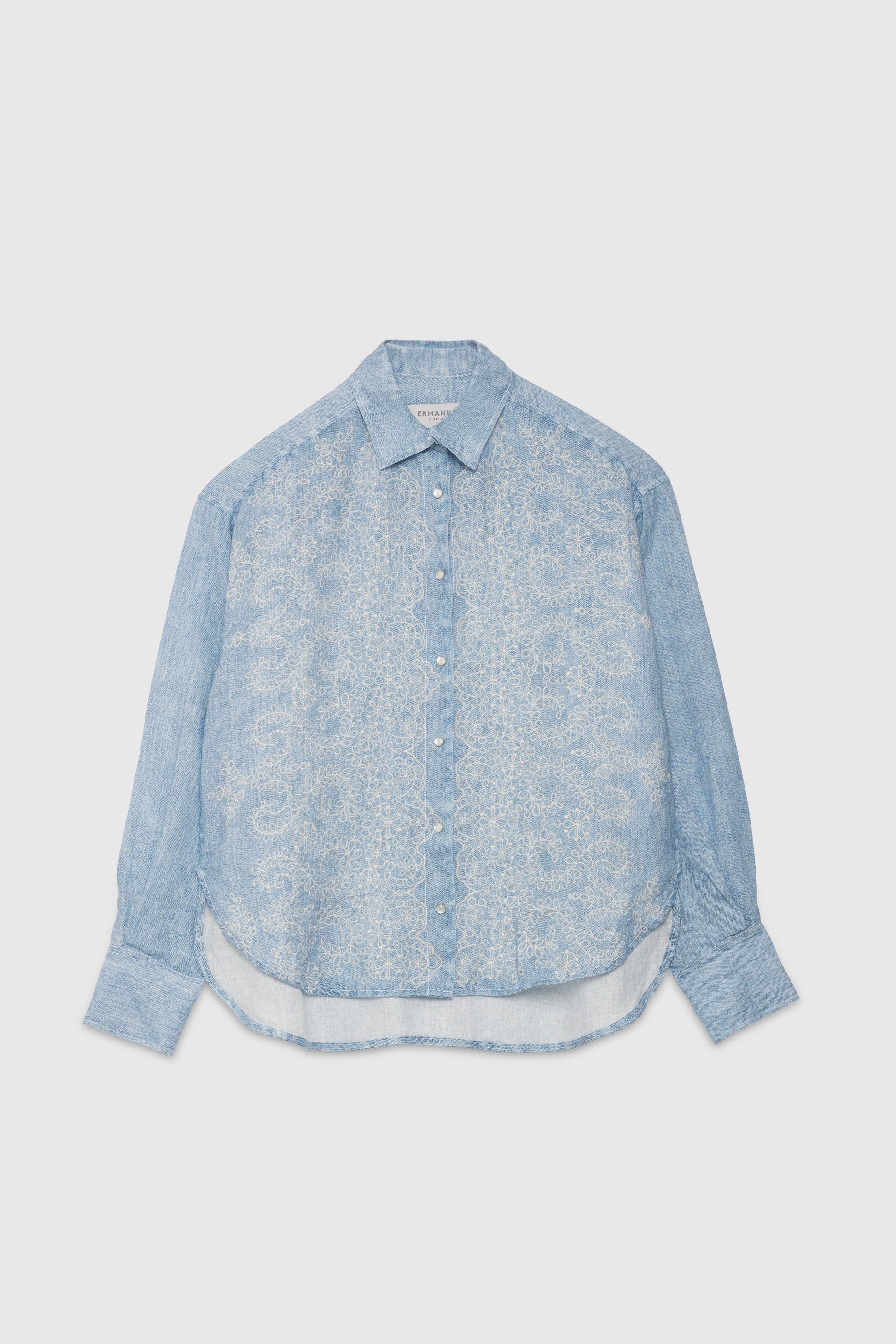 DENIM AND LACE PRINTED LINEN SHIRT