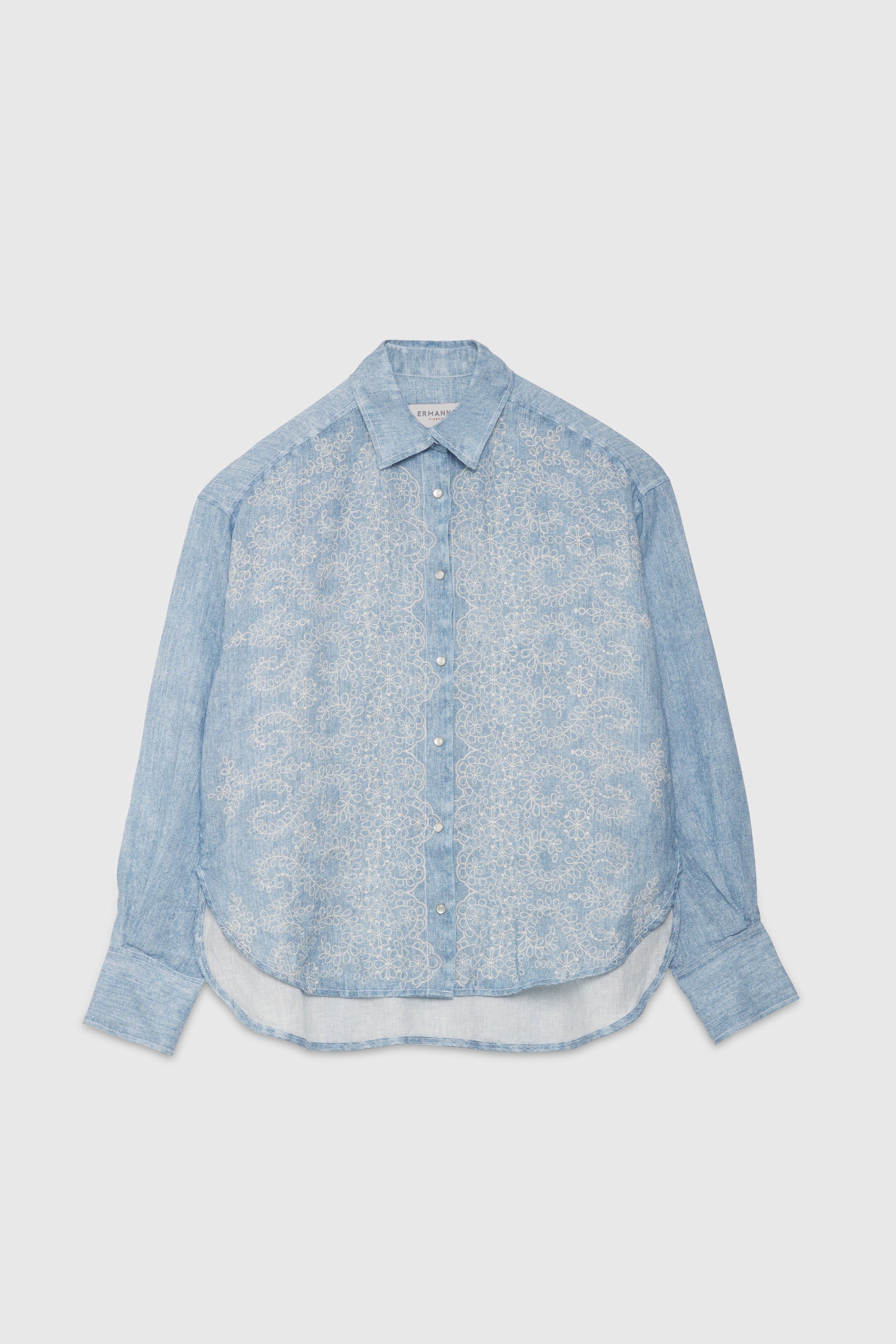 DENIM AND LACE PRINTED LINEN SHIRT
