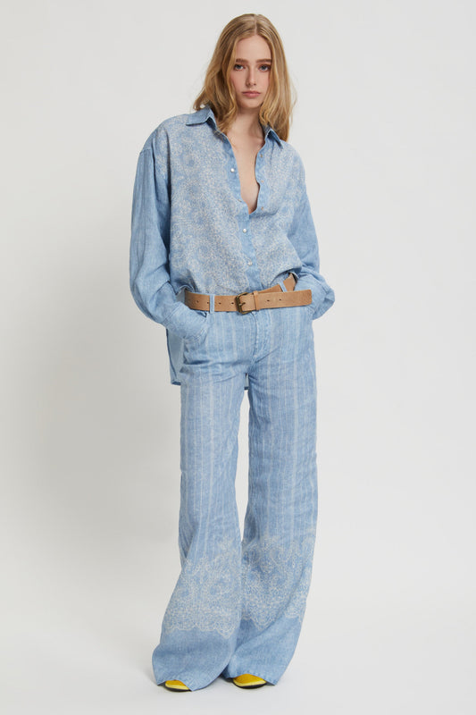 CAMICIA IN LINO STAMPA DENIM E PIZZO