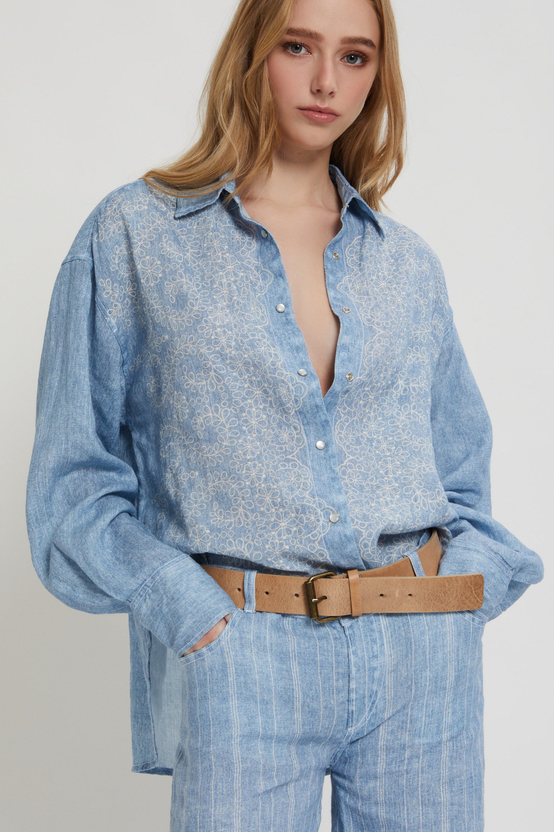 DENIM AND LACE PRINTED LINEN SHIRT