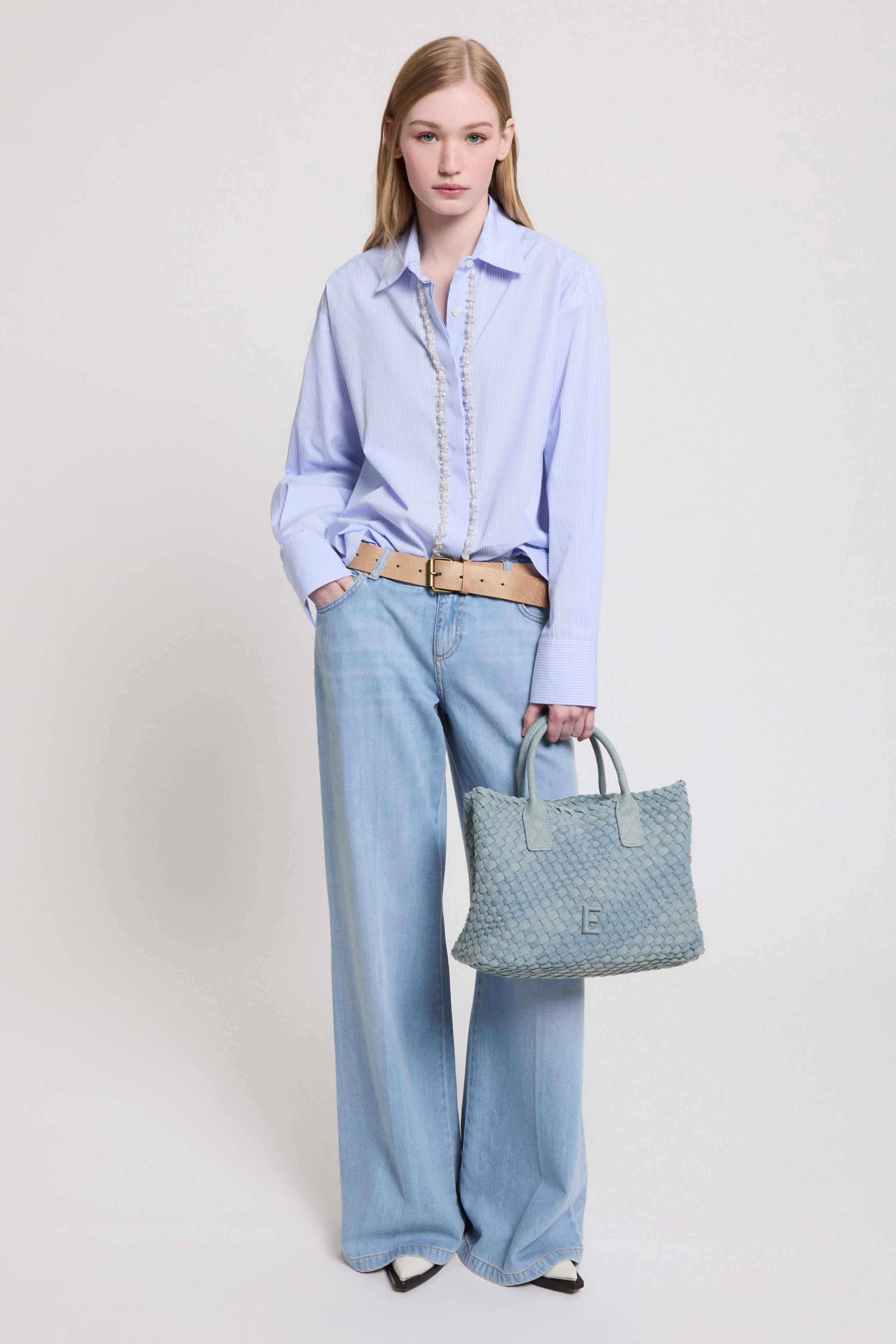 Image of CAMICIA DI POPELINE RIGATO CON RICAMO DI PERLINE