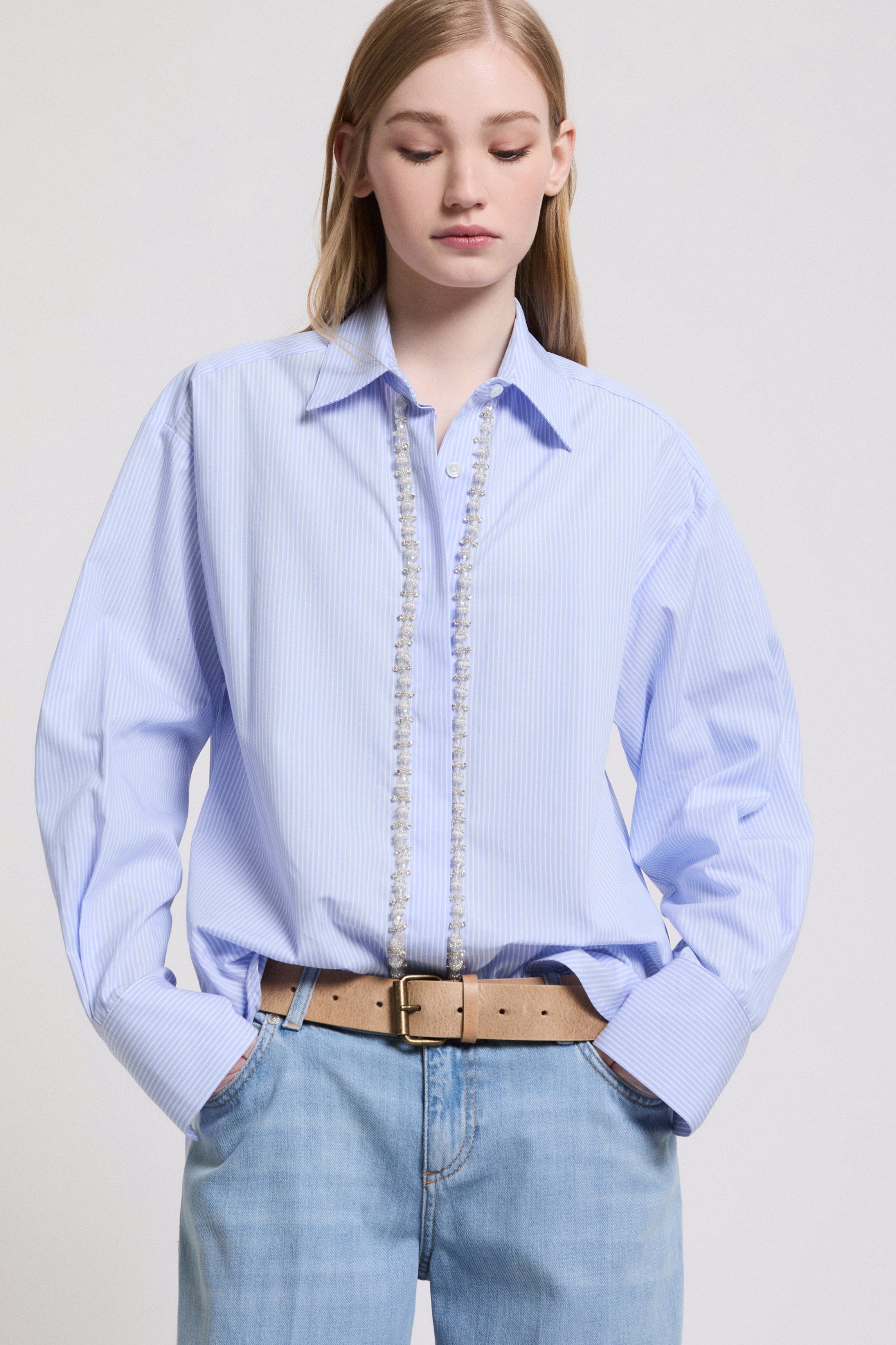 STRIPED SHIRT WITH PEARLS APPLICATION