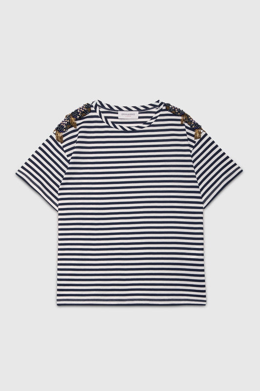 STRIPED T-SHIRT WITH SHOULDER APPLICATION