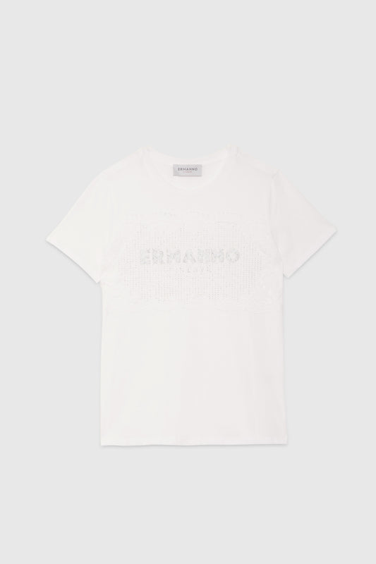 T-SHIRT WITH LACE INSERT AND RHINESTONES LOGO
