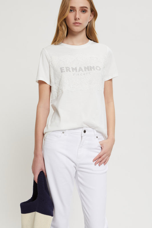 T-SHIRT WITH LACE INSERT AND RHINESTONES LOGO