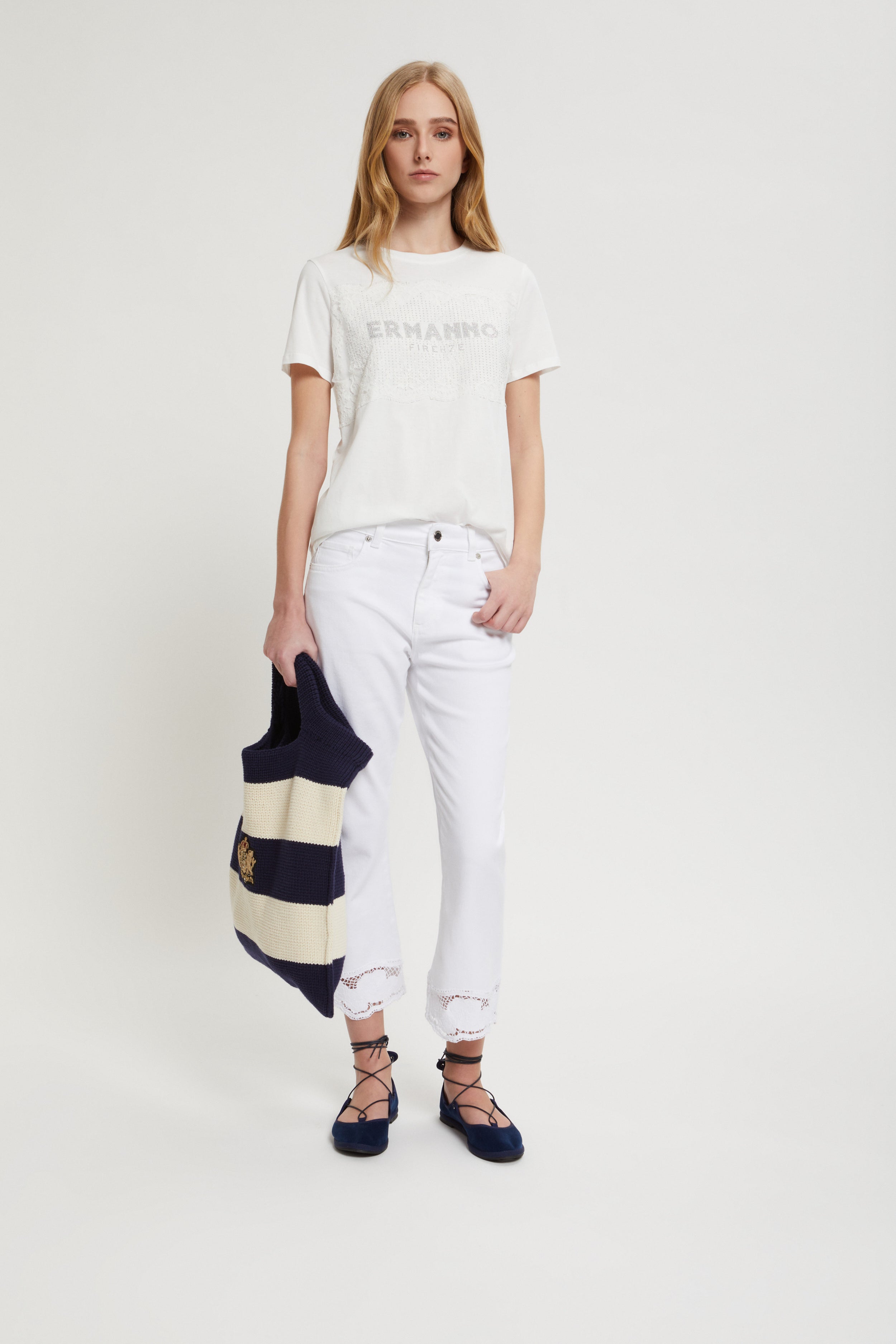 T-SHIRT AVEC DENTELLE ET LOGO DE CRISTAUX