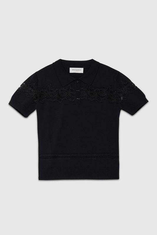 POLO-STYLE SWEATER WITH EMBROIDERED LACE