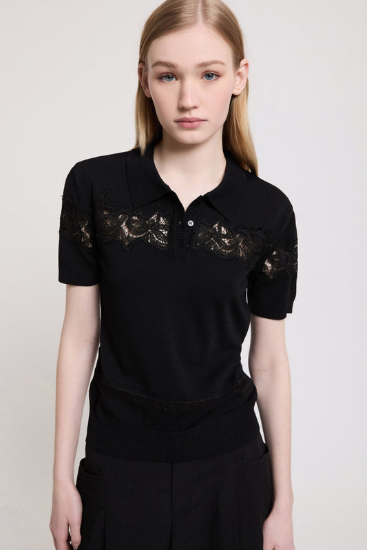 POLO-STYLE SWEATER WITH EMBROIDERED LACE