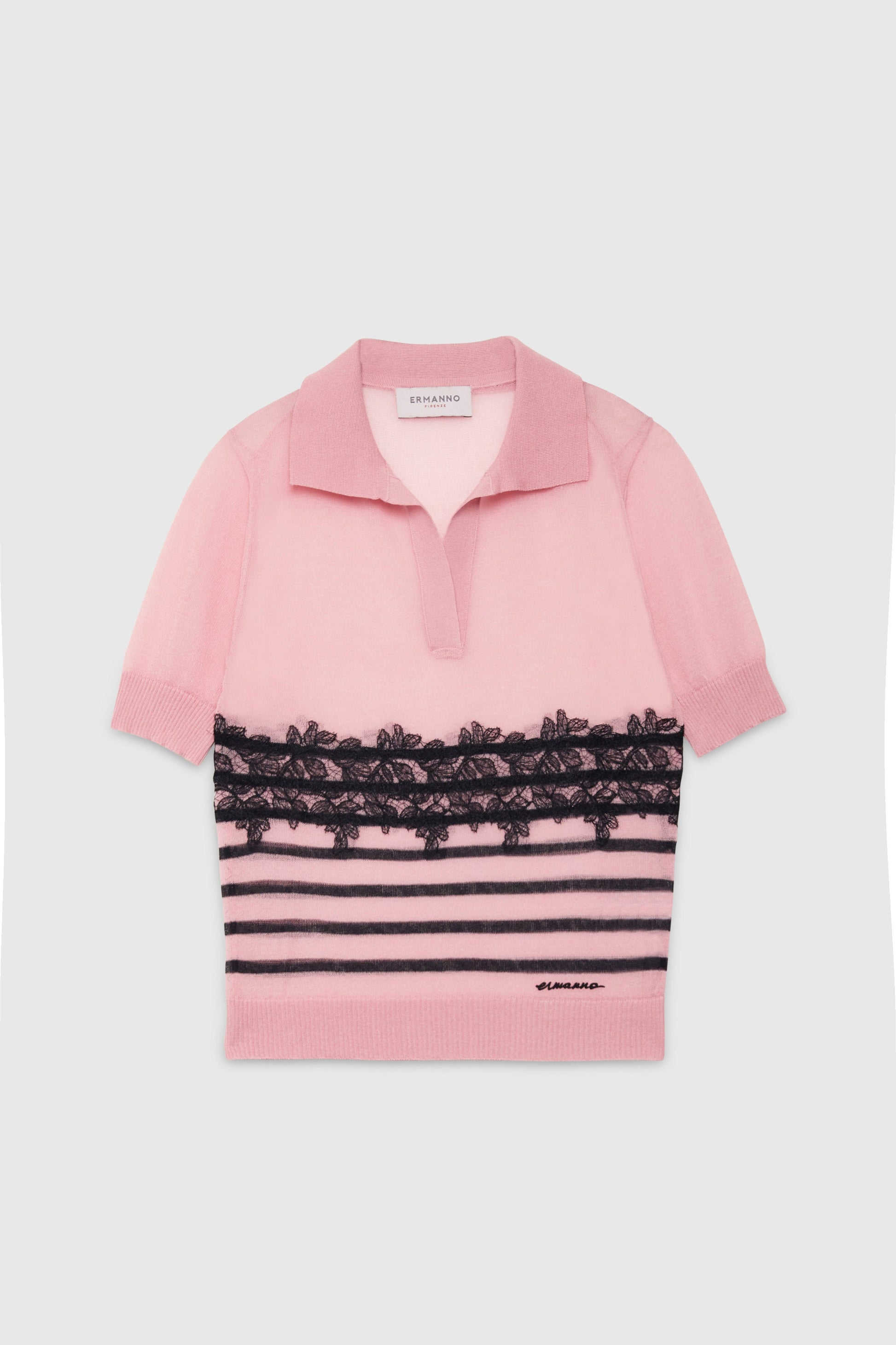POLO-STYLE SWEATER WITH STRIPES AND LACE
