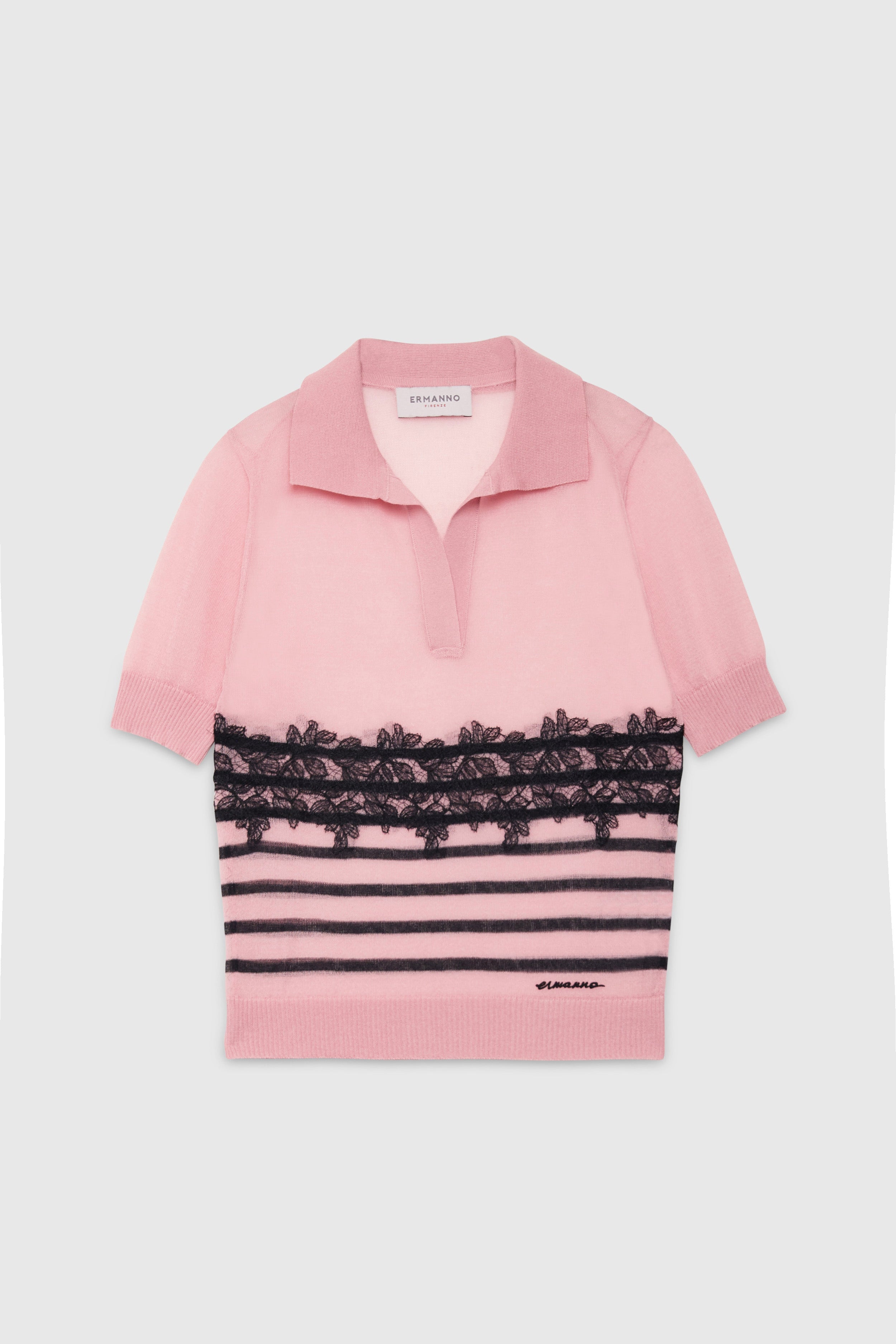POLO-STYLE SWEATER WITH STRIPES AND LACE