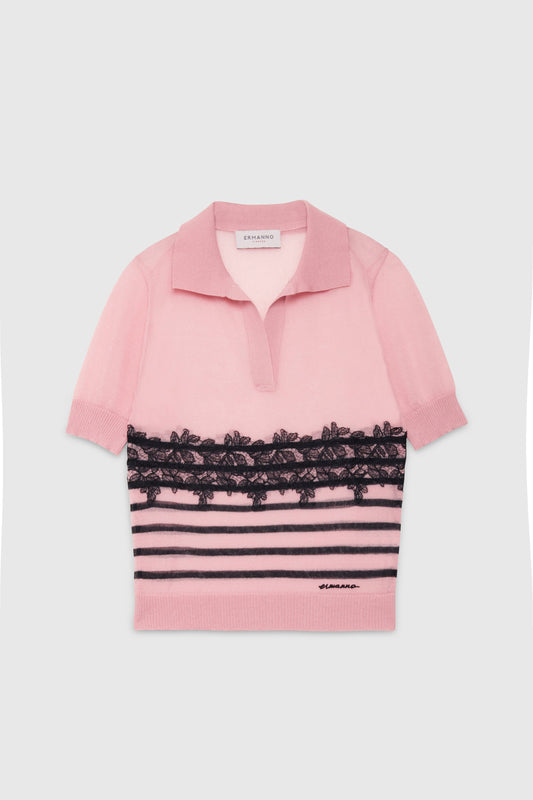 POLO-STYLE SWEATER WITH STRIPES AND LACE