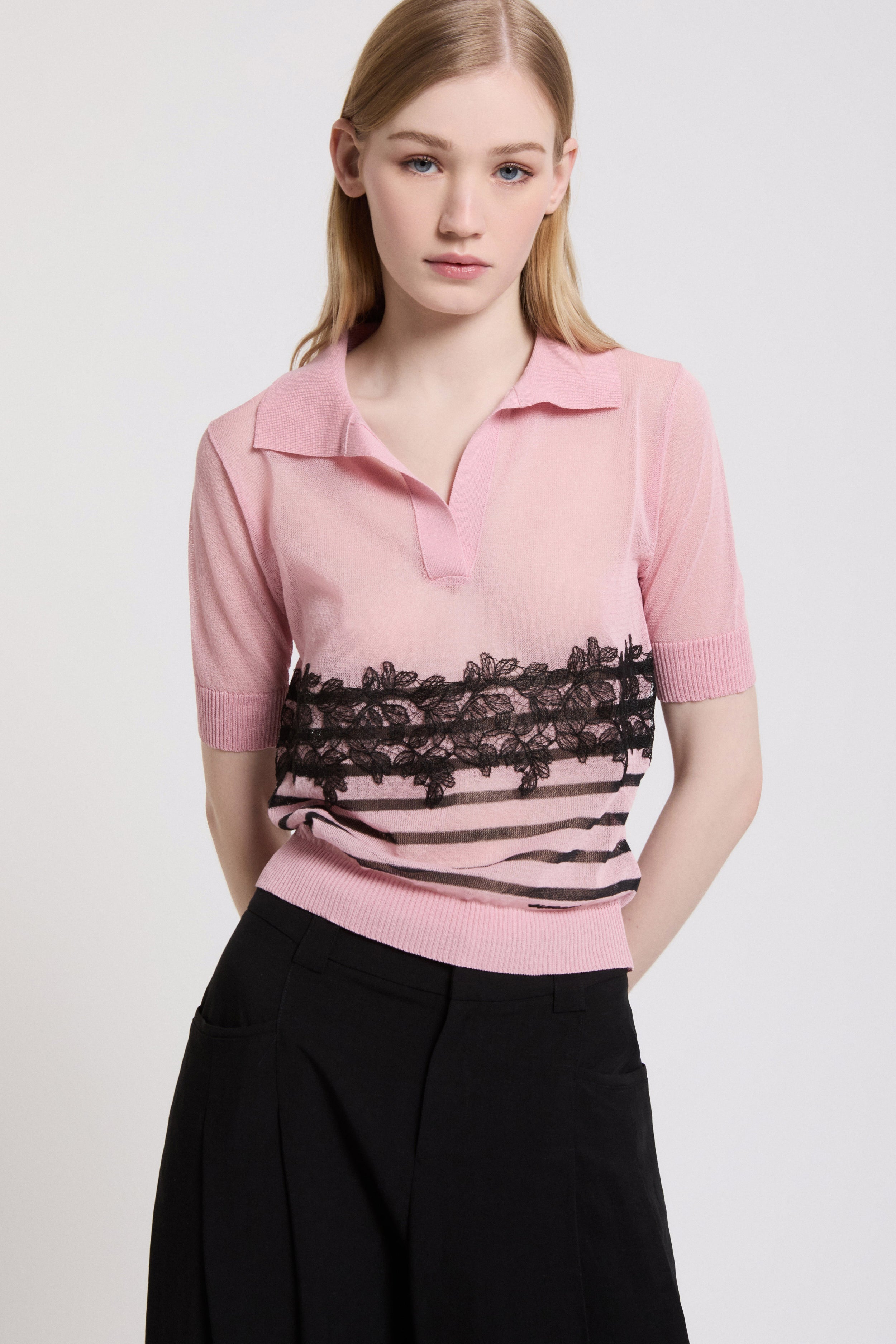 Image of POLO-STYLE SWEATER WITH STRIPES AND LACE