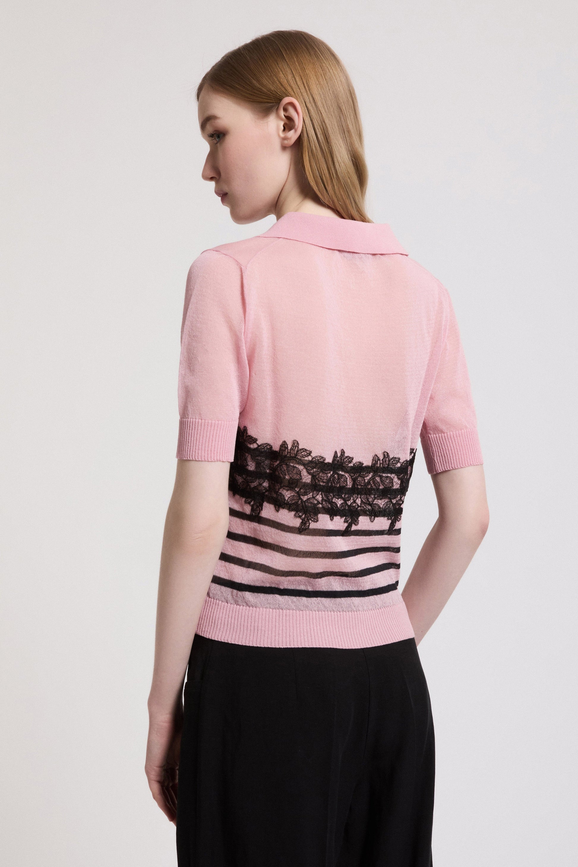 POLO-STYLE SWEATER WITH STRIPES AND LACE