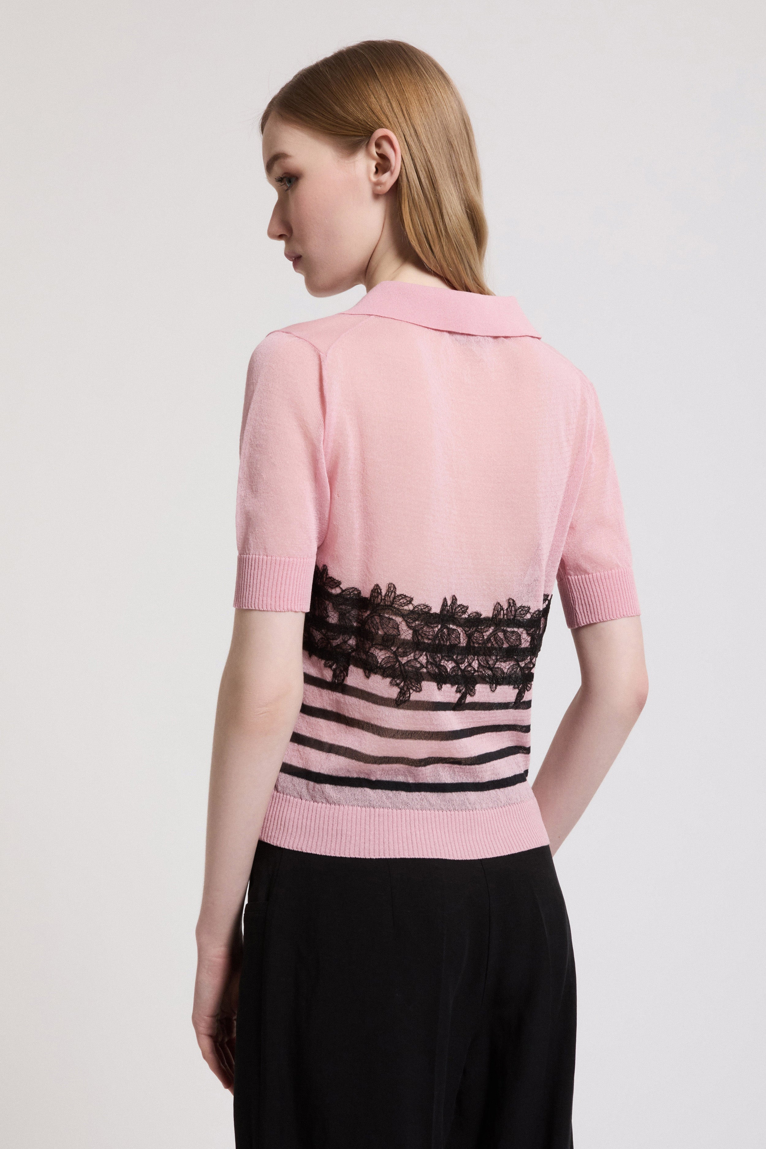 POLO-STYLE SWEATER WITH STRIPES AND LACE