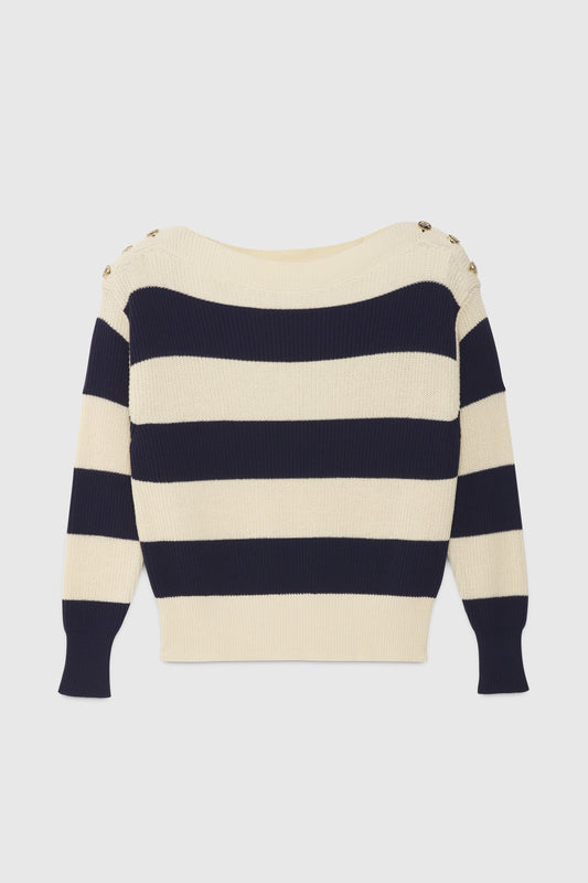 RIBBED-KNIT SWEATER WITH STRIPES AND BUTTONS ON THE SHOULDERS