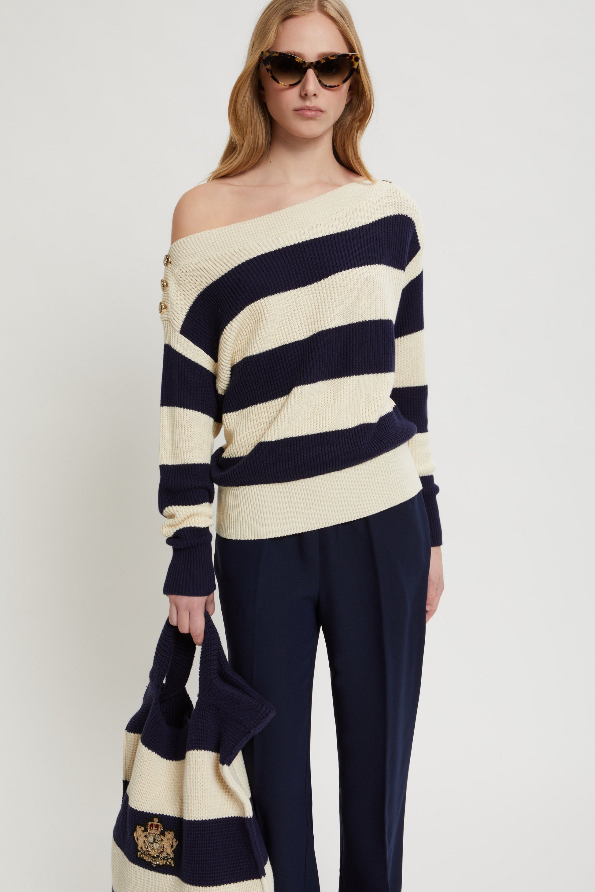 RIBBED-KNIT SWEATER WITH STRIPES AND BUTTONS ON THE SHOULDERS