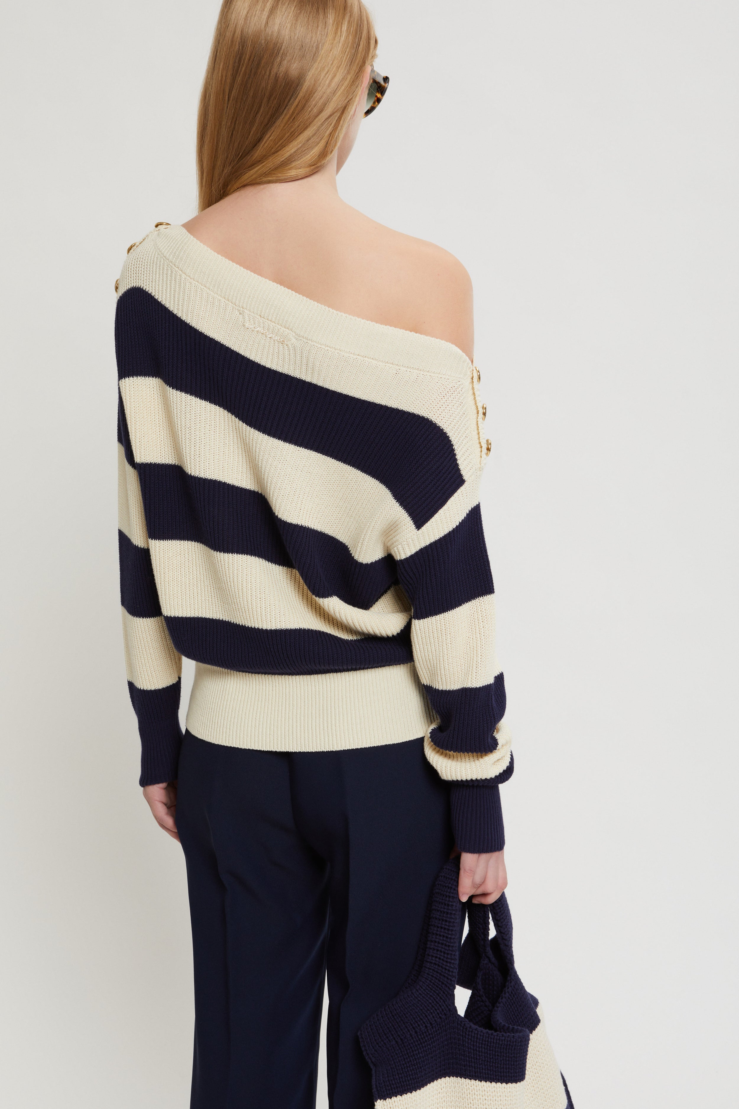 RIBBED-KNIT SWEATER WITH STRIPES AND BUTTONS ON THE SHOULDERS